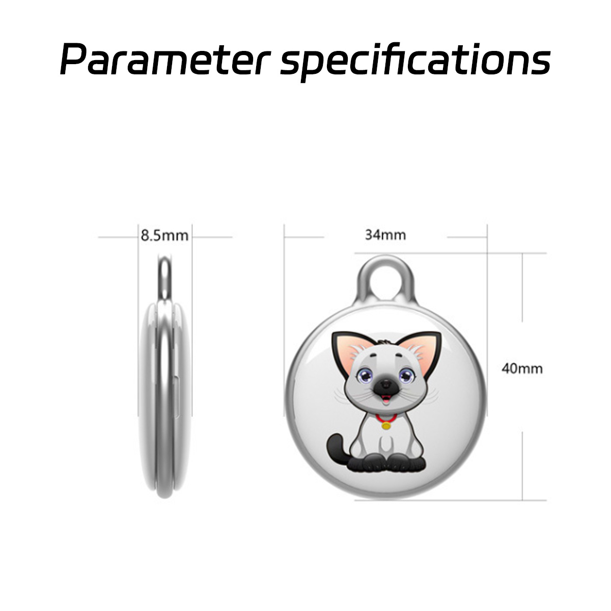Ein katzenförmiger Anhänger mit einem Katzenbild. Der Anhänger hat auch Abmessungen.