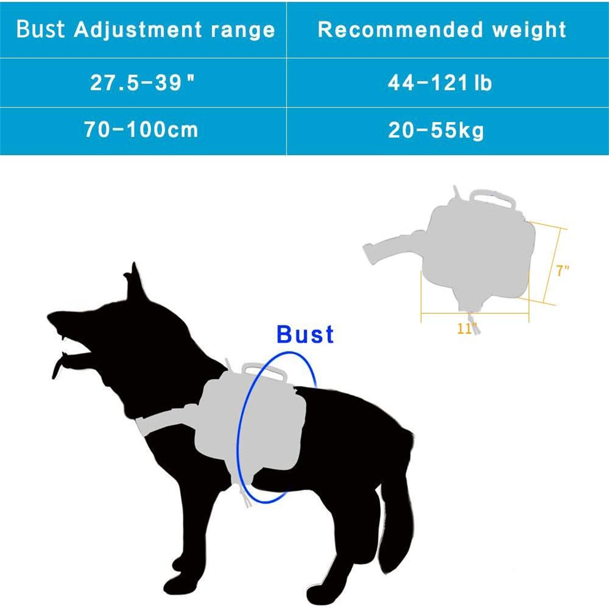 Hundegeschirr mit Brustumfang und Gewichtstabelle. Silhouette eines Hundes.