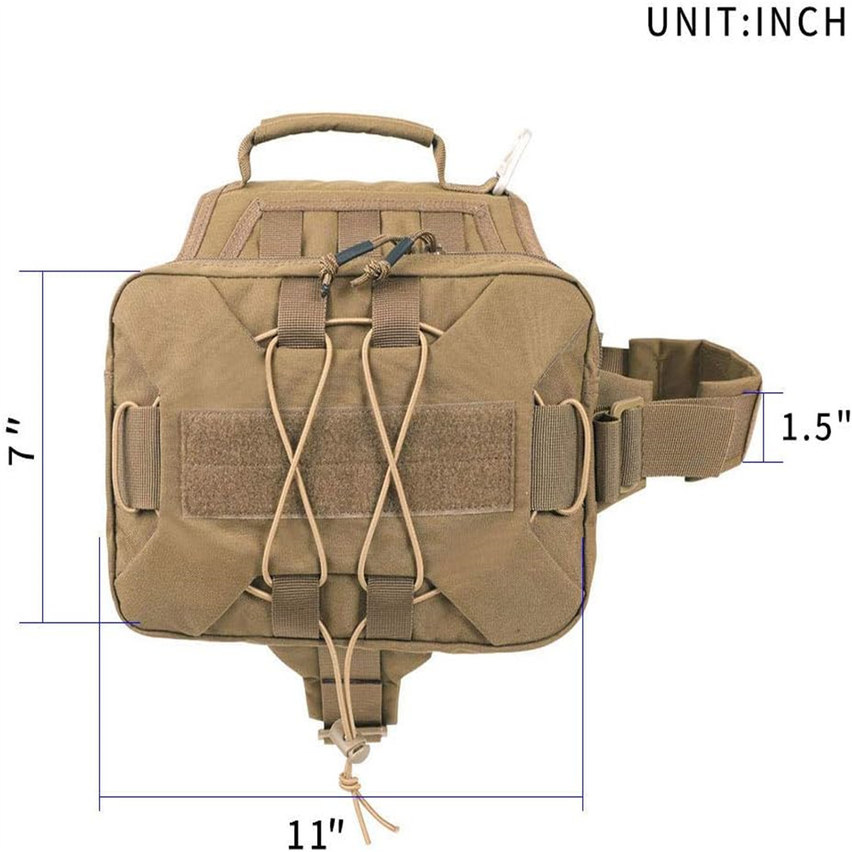 Beigefarbener Hunde-Rucksack mit Maßen: 7" Höhe, 11" Länge und 1,5" Breite.