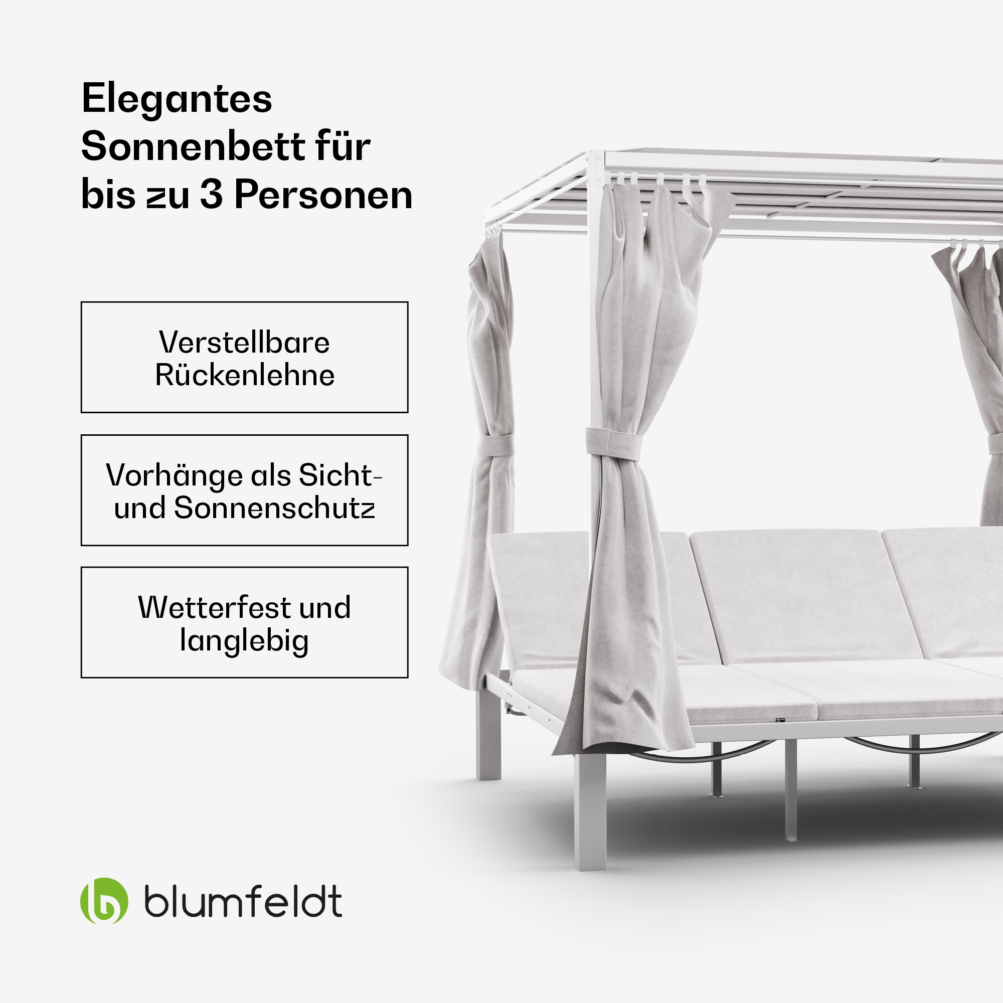 Una cama con dosel blanca para exteriores con cortinas grises, texto que describe sus características.