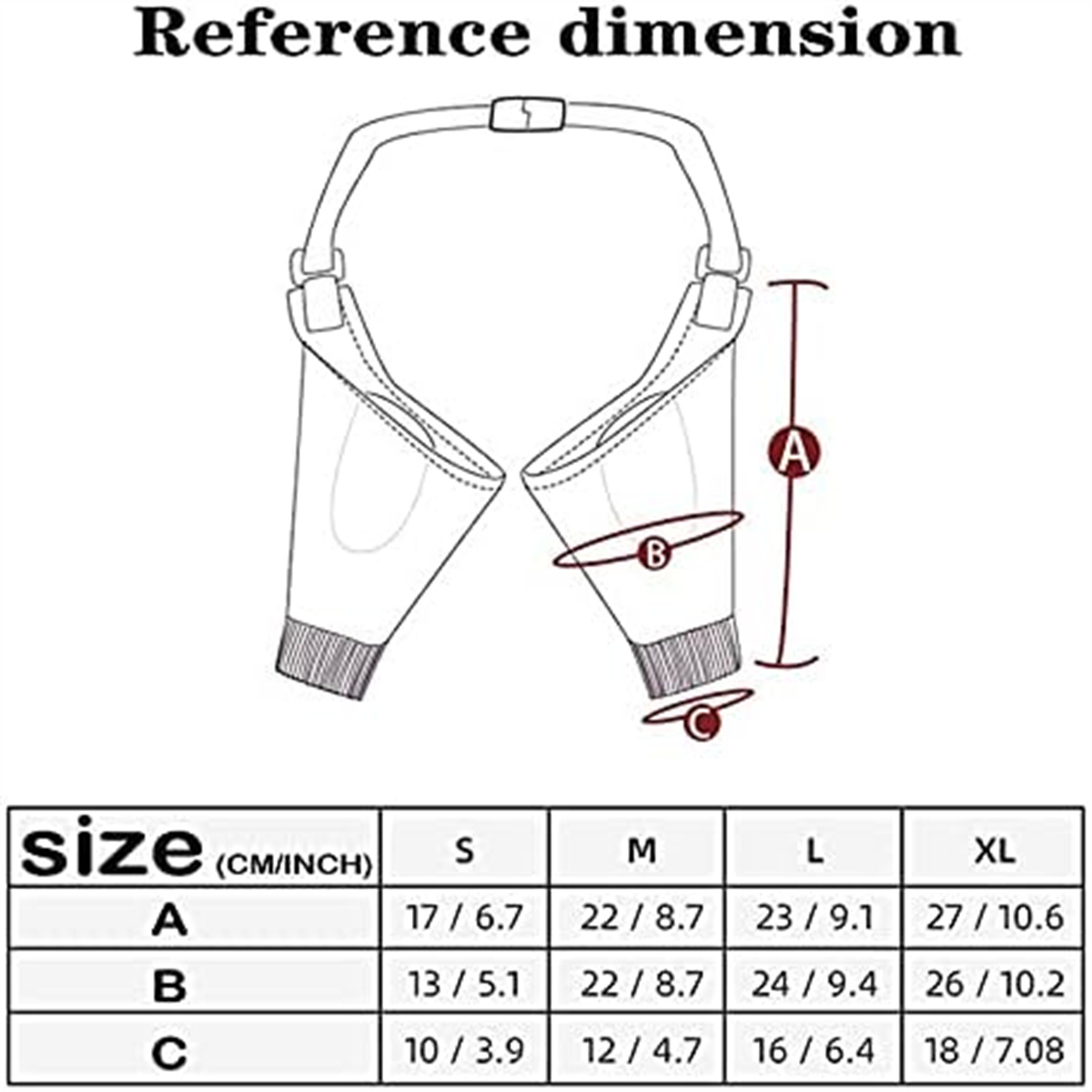 Diagramm mit Größeninformationen für ein Geschirr. Die Größen sind beschriftet, die Maße in cm/Zoll.