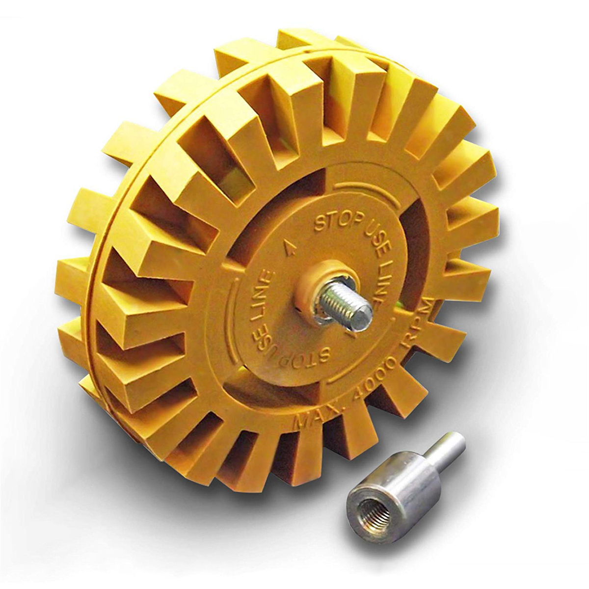Gelbes Radierrad mit Metallschaft, ein Werkzeug zum Entfernen von Klebstoff.
