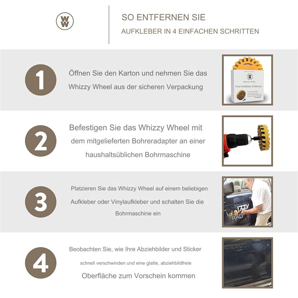 Vier Schritte zum Entfernen von Aufklebern. Enthält eine Box, einen Bohrer und ein Auto.