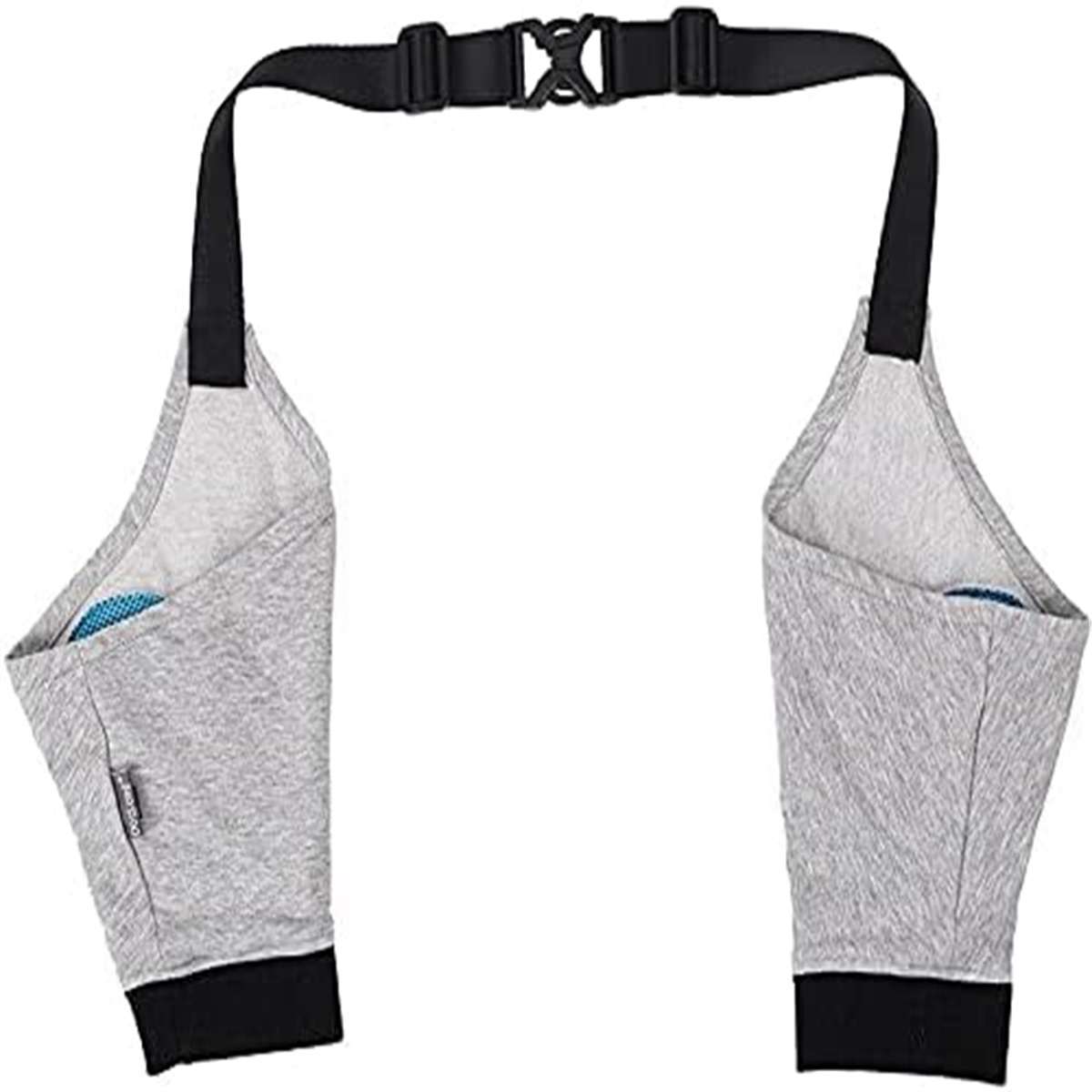 Eine graue Babytrage mit schwarzen Trägern und Schnallen. Die Trage ist für ein Baby konzipiert.
