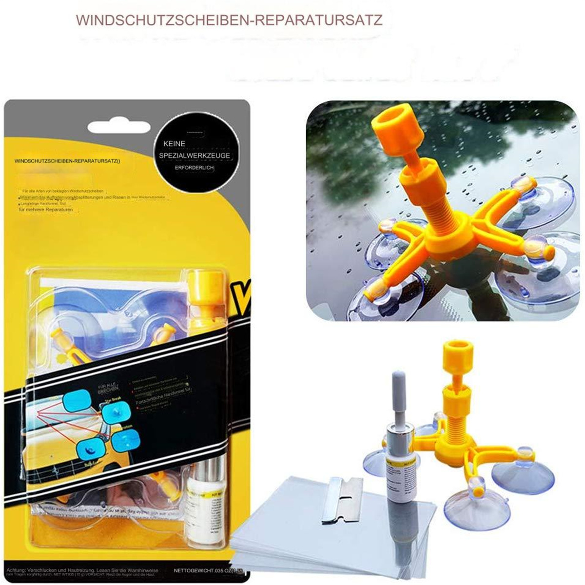 Windschutzscheiben-Reparaturset mit Werkzeugen und Zubehör, einschließlich Klebstoff und Glas.