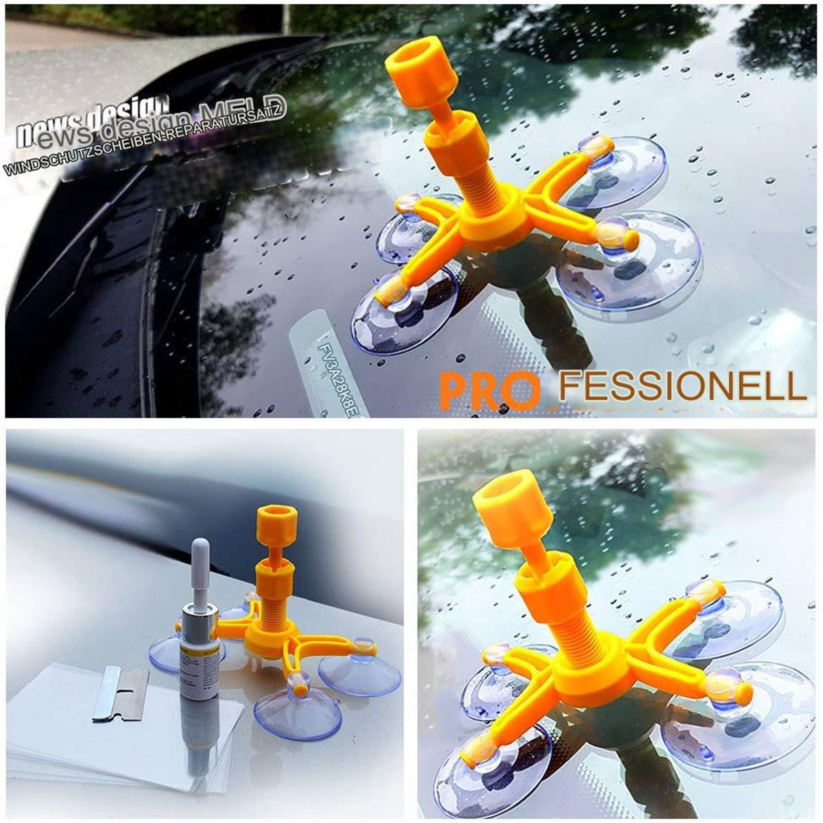Windschutzscheiben-Reparaturset mit Werkzeugen und einem Auto, orange und blaue Farben.