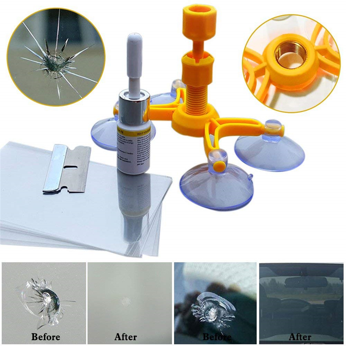 Ein Reparaturset für Windschutzscheiben mit gesprungenem Glas und Vorher-/Nachher-Bildern des Reparaturprozesses.