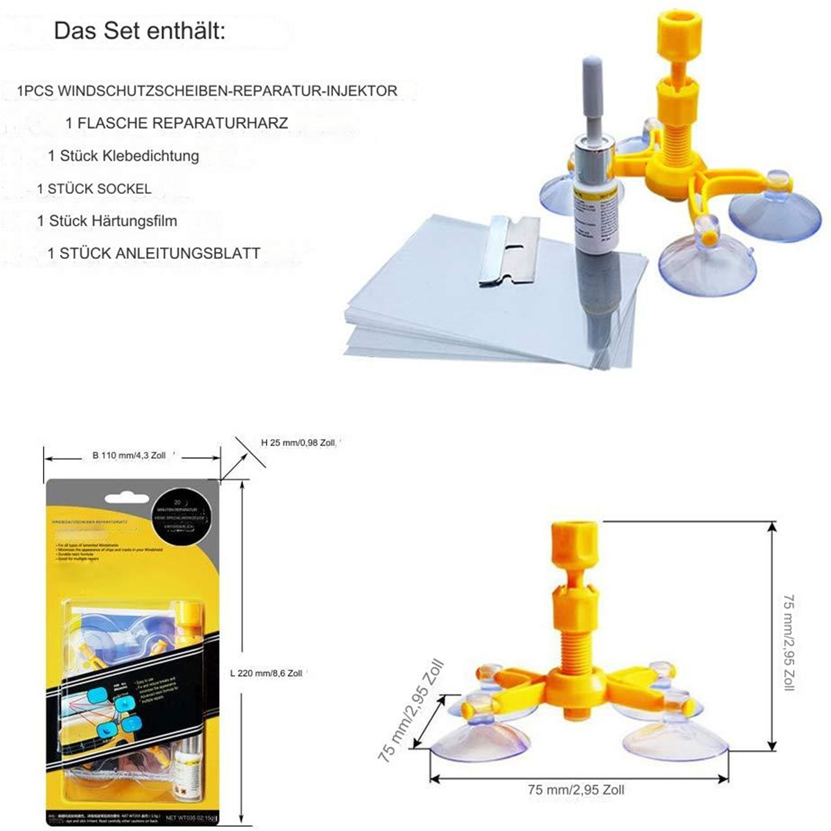 Windschutzscheiben-Reparatur-Set mit Injektor, Harz und Werkzeugen, Diagrammen und Maßen.