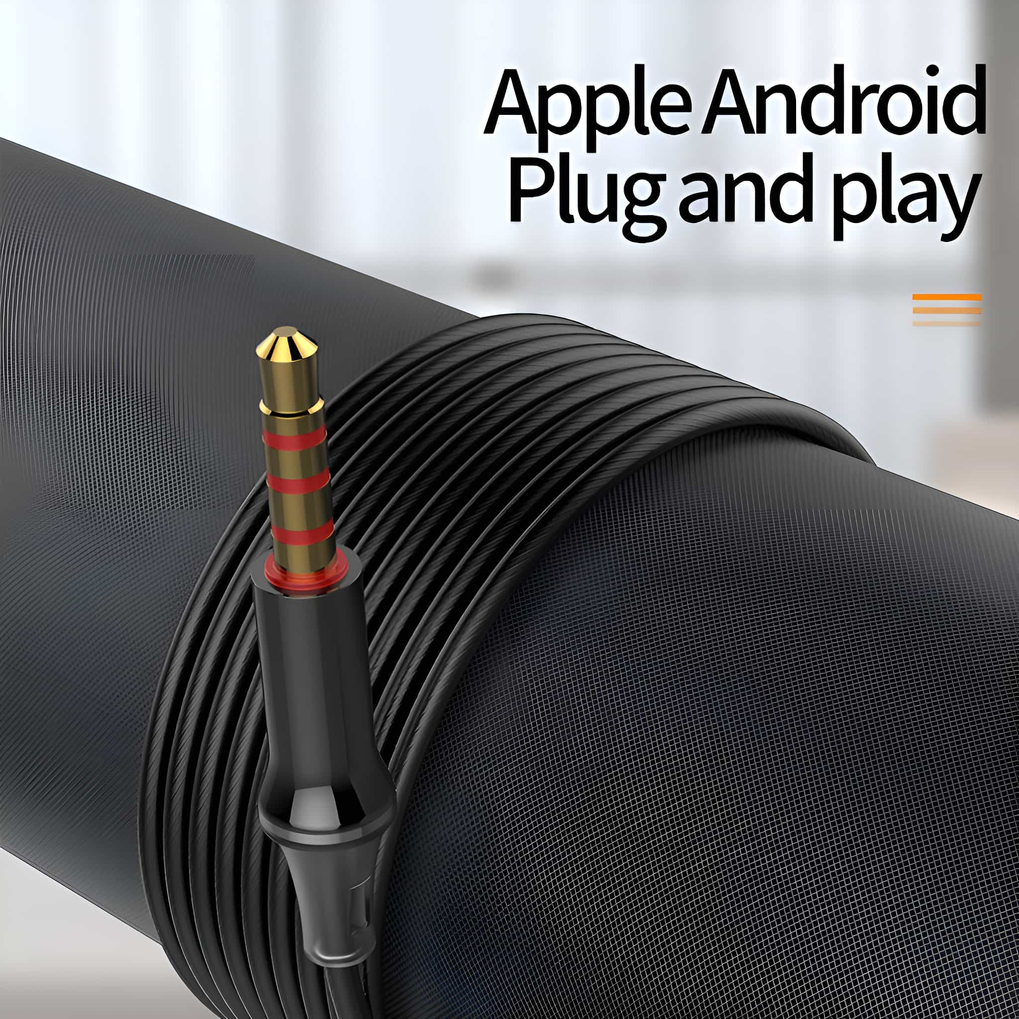 Schwarzes Kabel mit 3,5-mm-Klinkenstecker. Text: 'Apple Android Plug and play'.