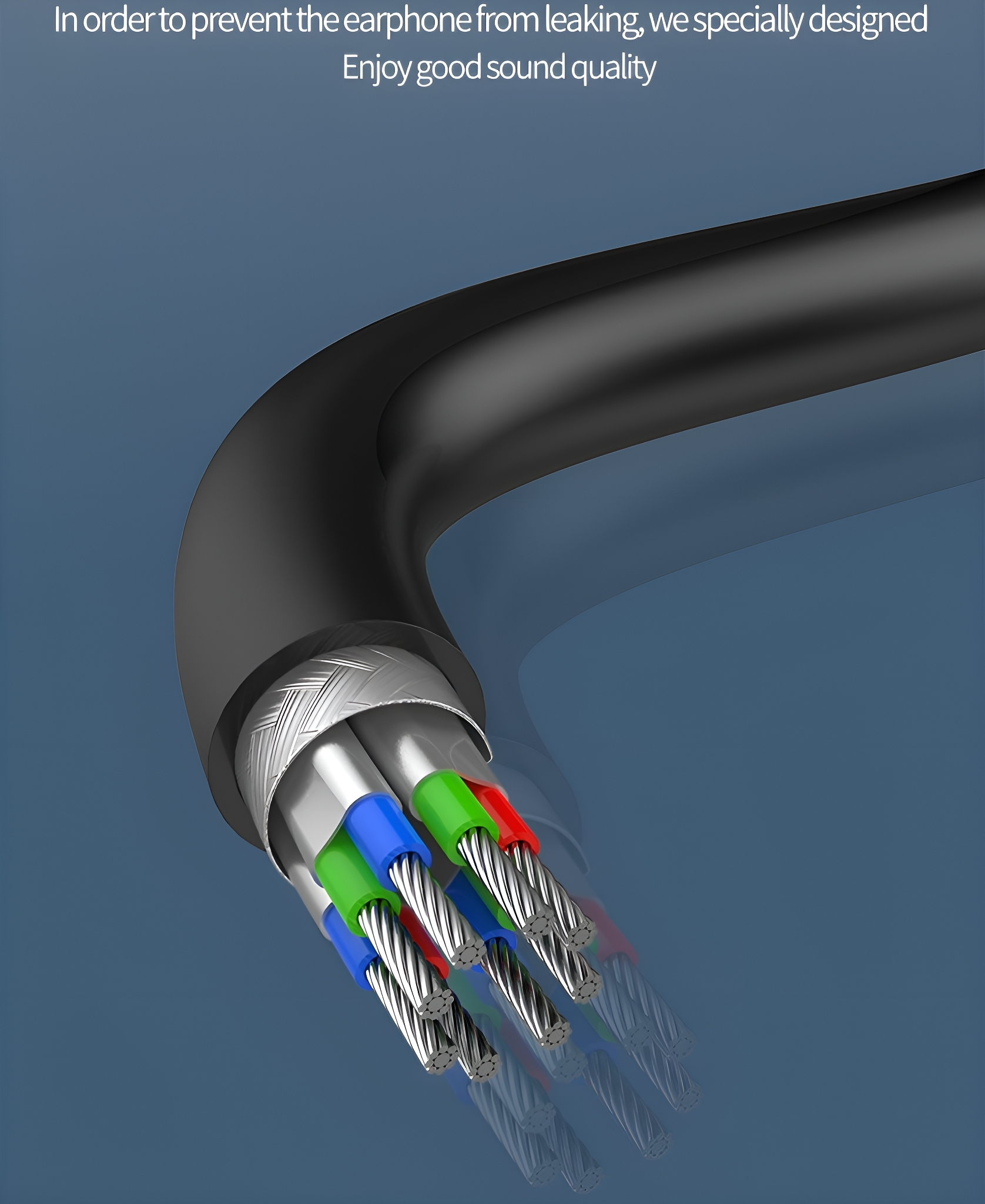 Nahaufnahme eines Kabels mit freiliegenden, farbigen Drähten. Das äußere Kabel ist schwarz.