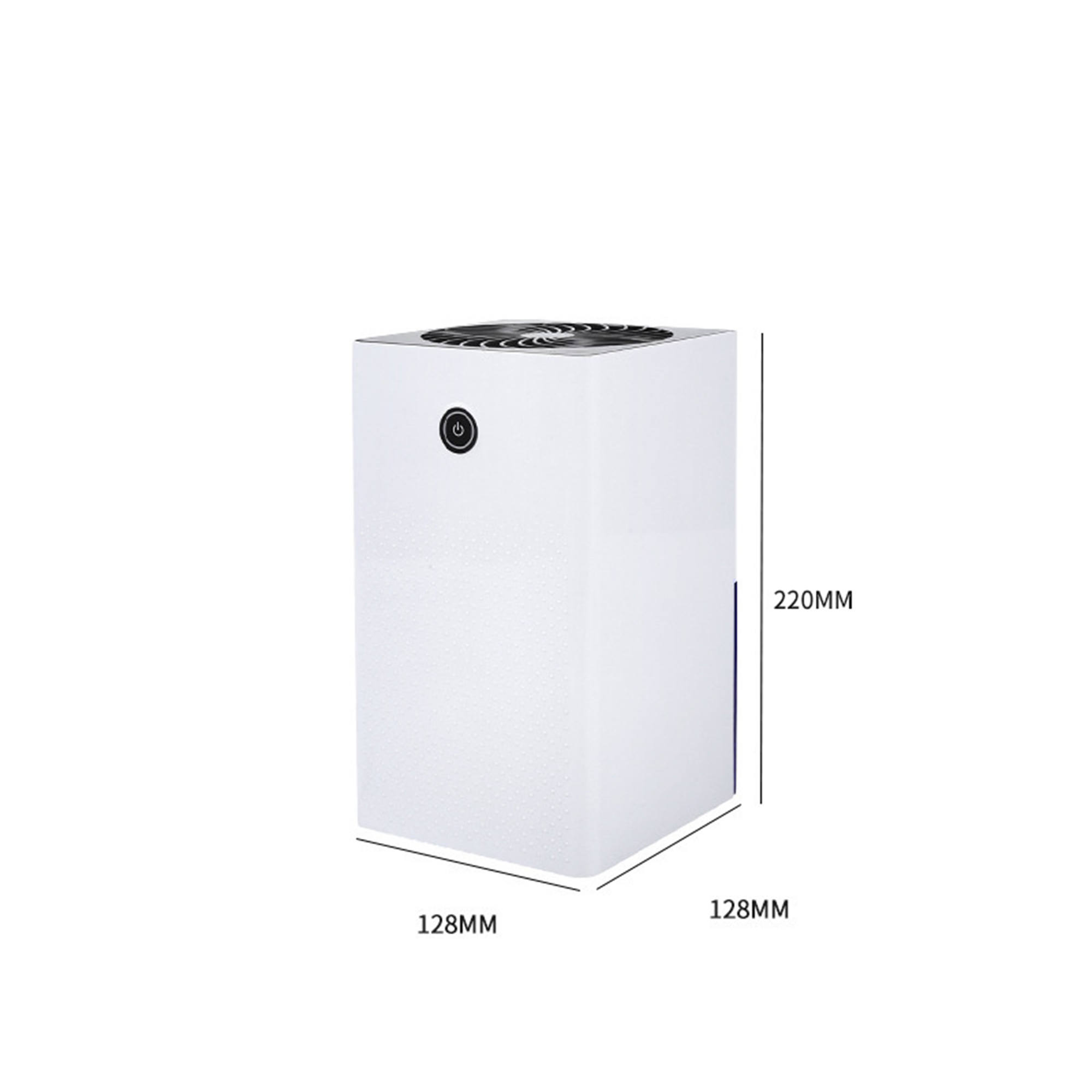 Weißer Luftreiniger mit den Maßen: 128x128x220mm. Oben hat er einen Ventilator. Der Power-Knopf ist sichtbar.