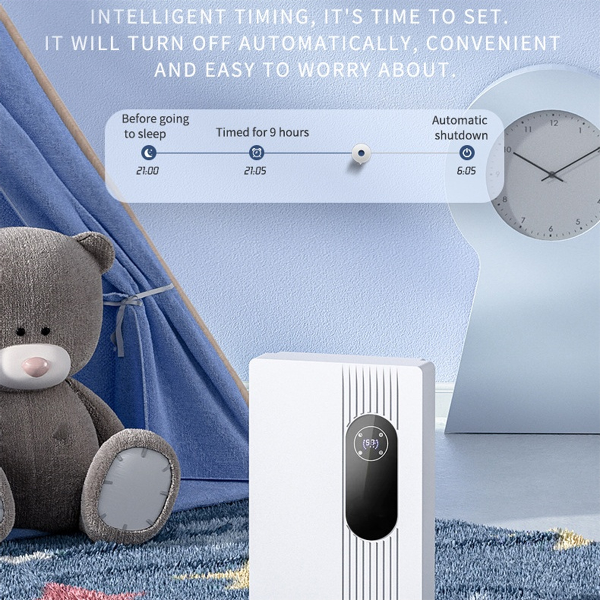 Diagramm mit Zeiteinstellungen für automatisches Abschalten, Teddybär und Zelt.