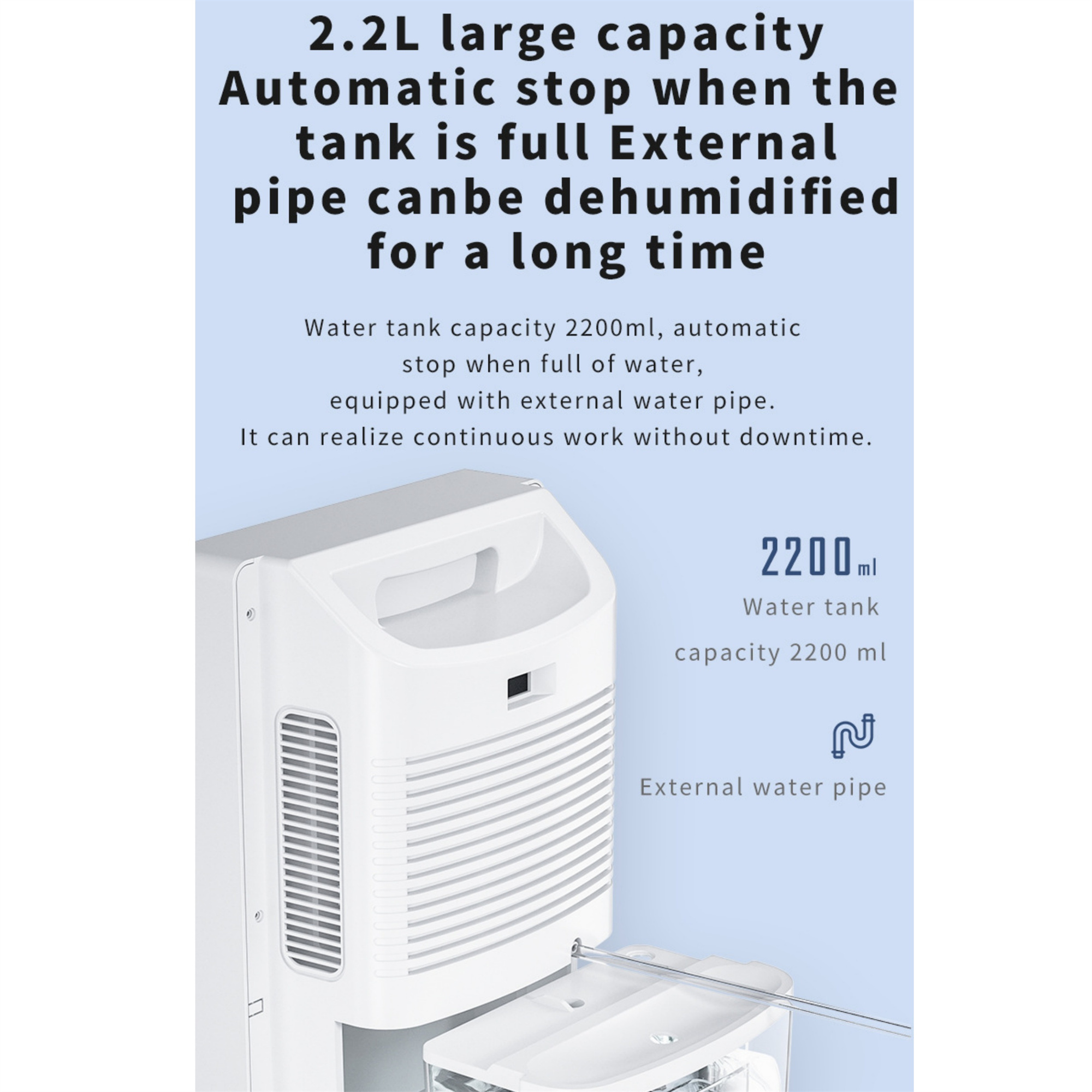 Weißer Luftentfeuchter mit Wassertank und externem Wasserrohr. Text enthält 2200 ml Kapazität.