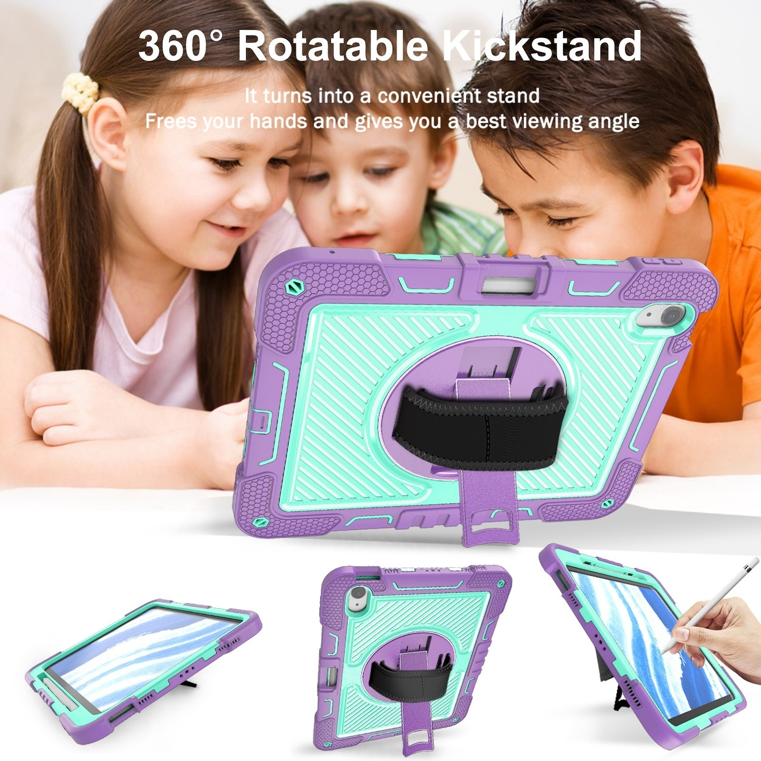 Drei Kinder betrachten ein Tablet in einem lila-türkisen Gehäuse mit einem drehbaren Ständer.