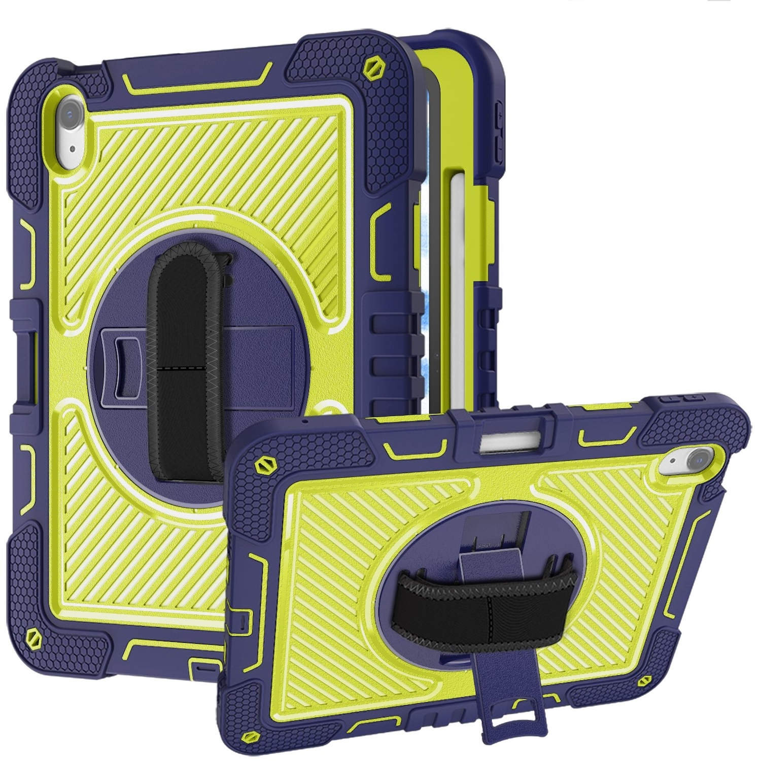 Blau-gelbe iPad-Hülle mit Handschlaufe.