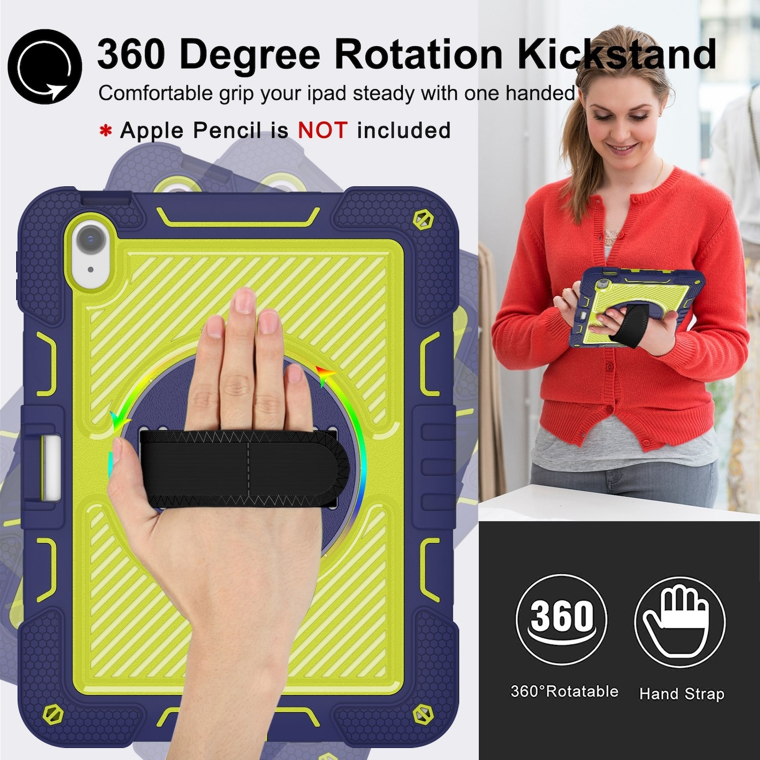 Eine Frau hält ein Tablet in einem grün-blauen Gehäuse mit einem 360-Grad-Drehständer.
