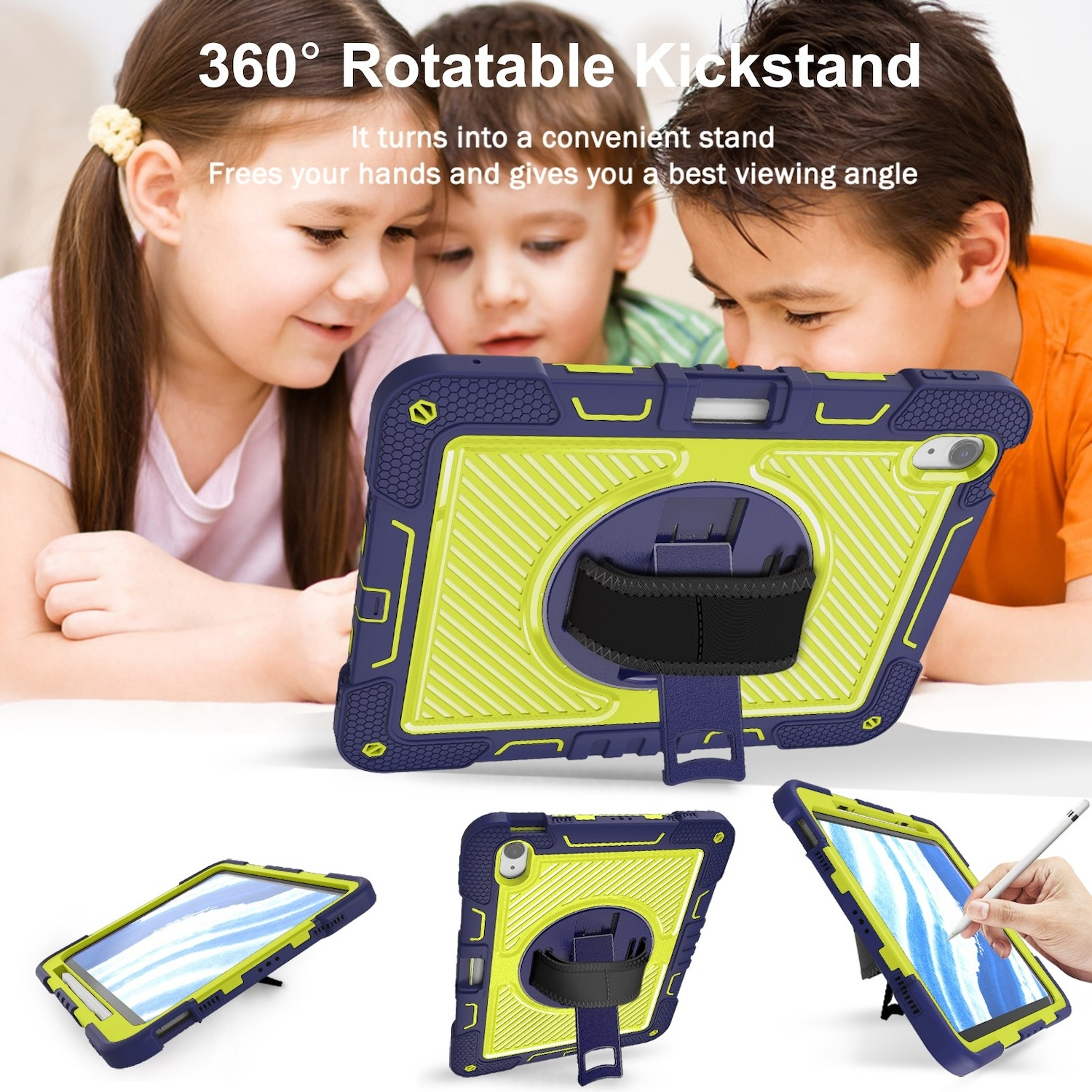 Tablet-Hülle mit Ständer, mit Kindern, die auf den Bildschirm schauen, und andere Ansichten.