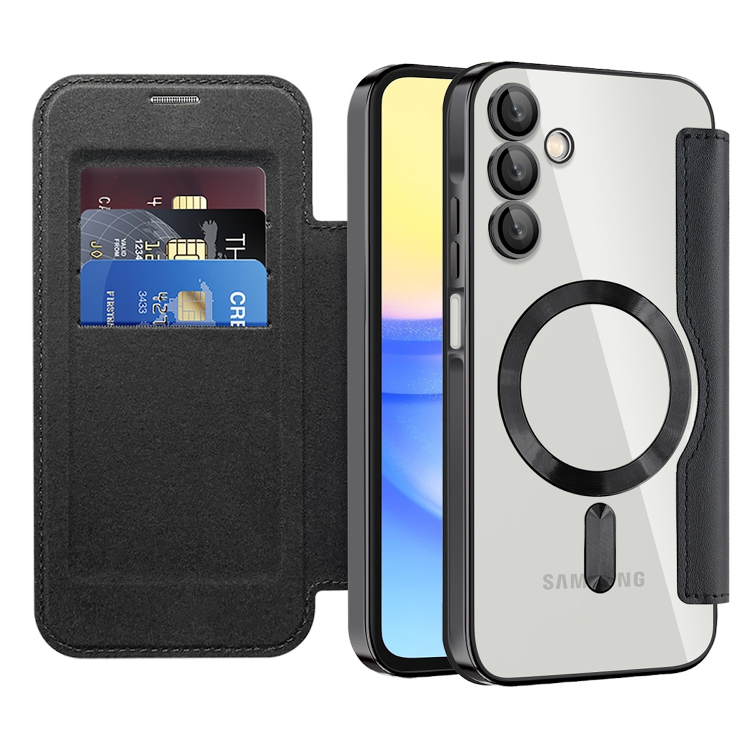 Funda negra para teléfono con tarjetas dentro y un teléfono dentro. Logotipo de Samsung visible.