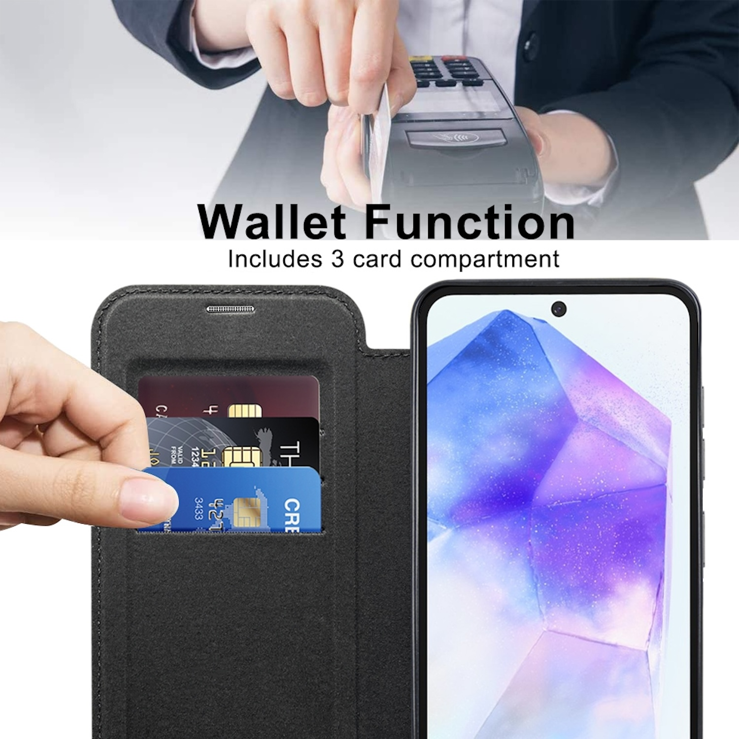 Una funda para smartphone con ranuras para tarjetas. Una mano está insertando una tarjeta en la funda.