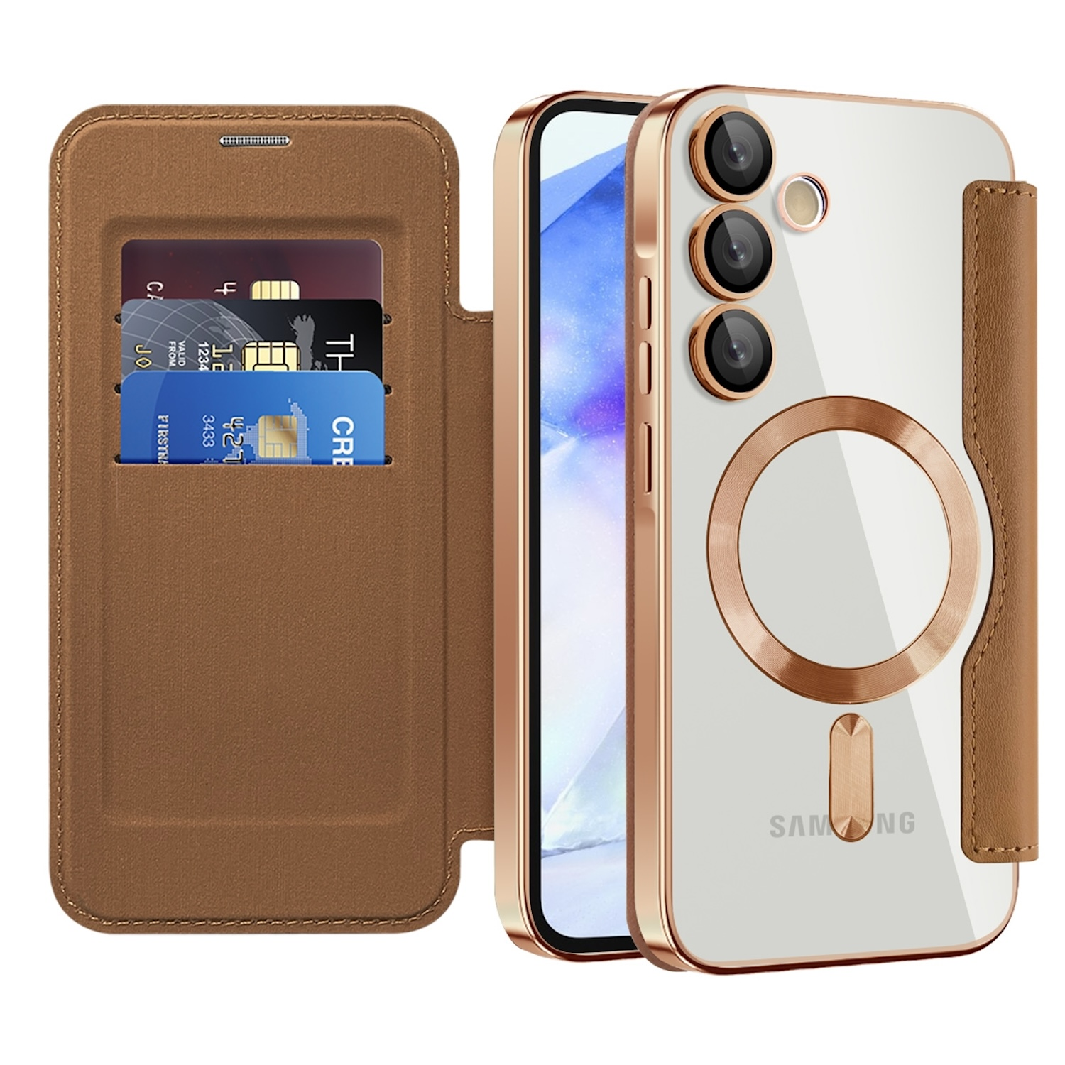 Funda de teléfono con tarjetas dentro. Tiene una combinación de colores marrón y dorado. El teléfono es blanco.