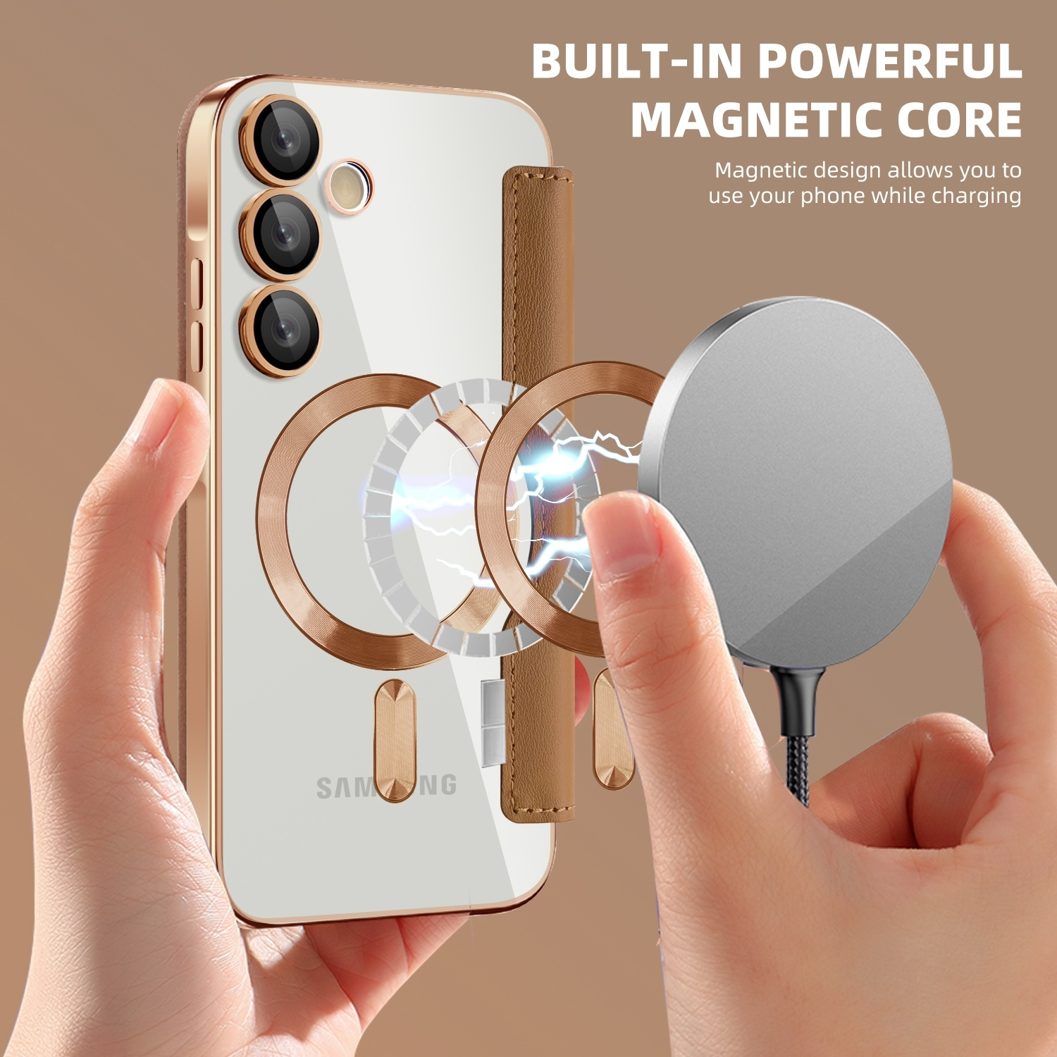 Funda de teléfono con base de carga magnética. El teléfono está dentro y la base está conectada.