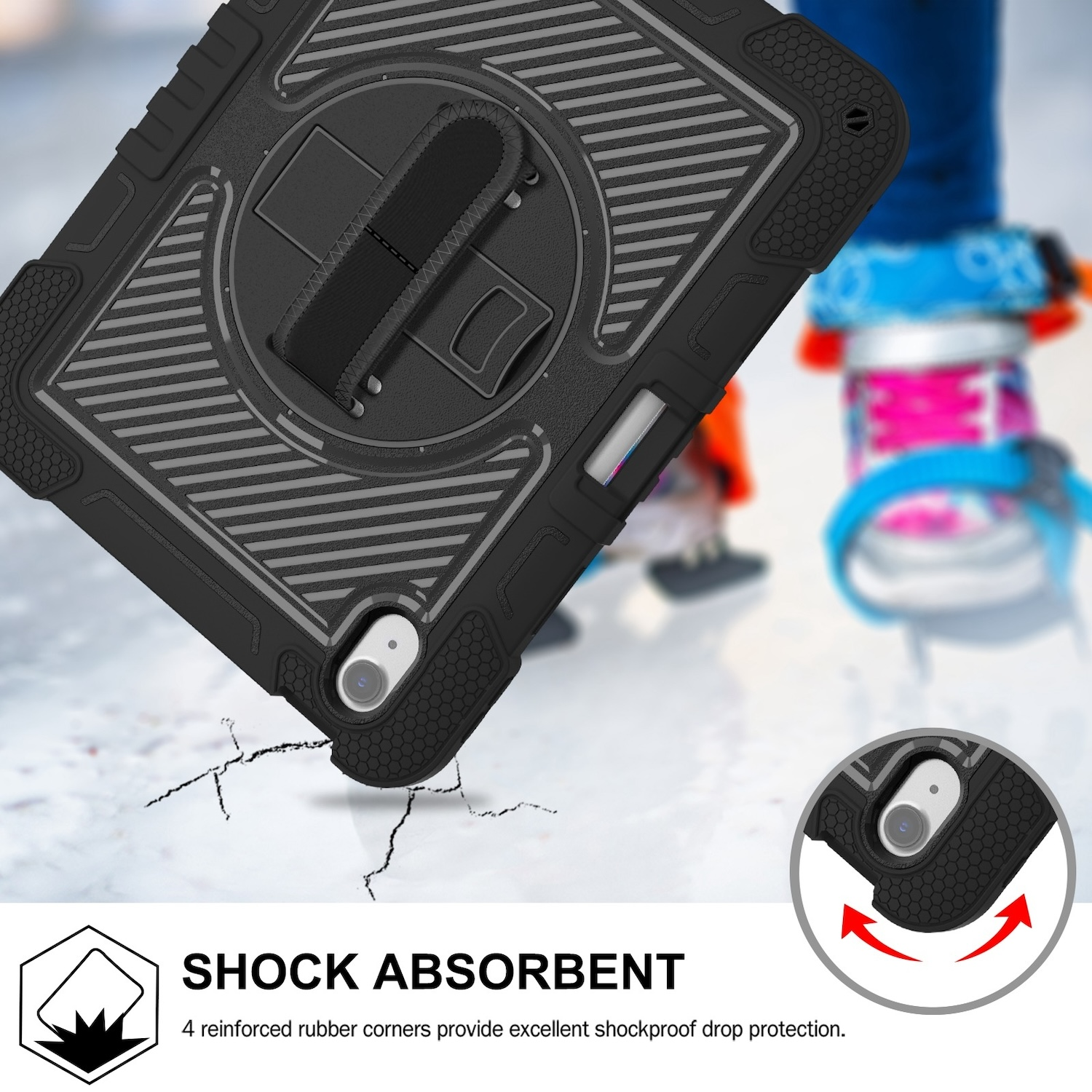 Schwarze Tablethülle mit Riemen und verstärkten Ecken.
