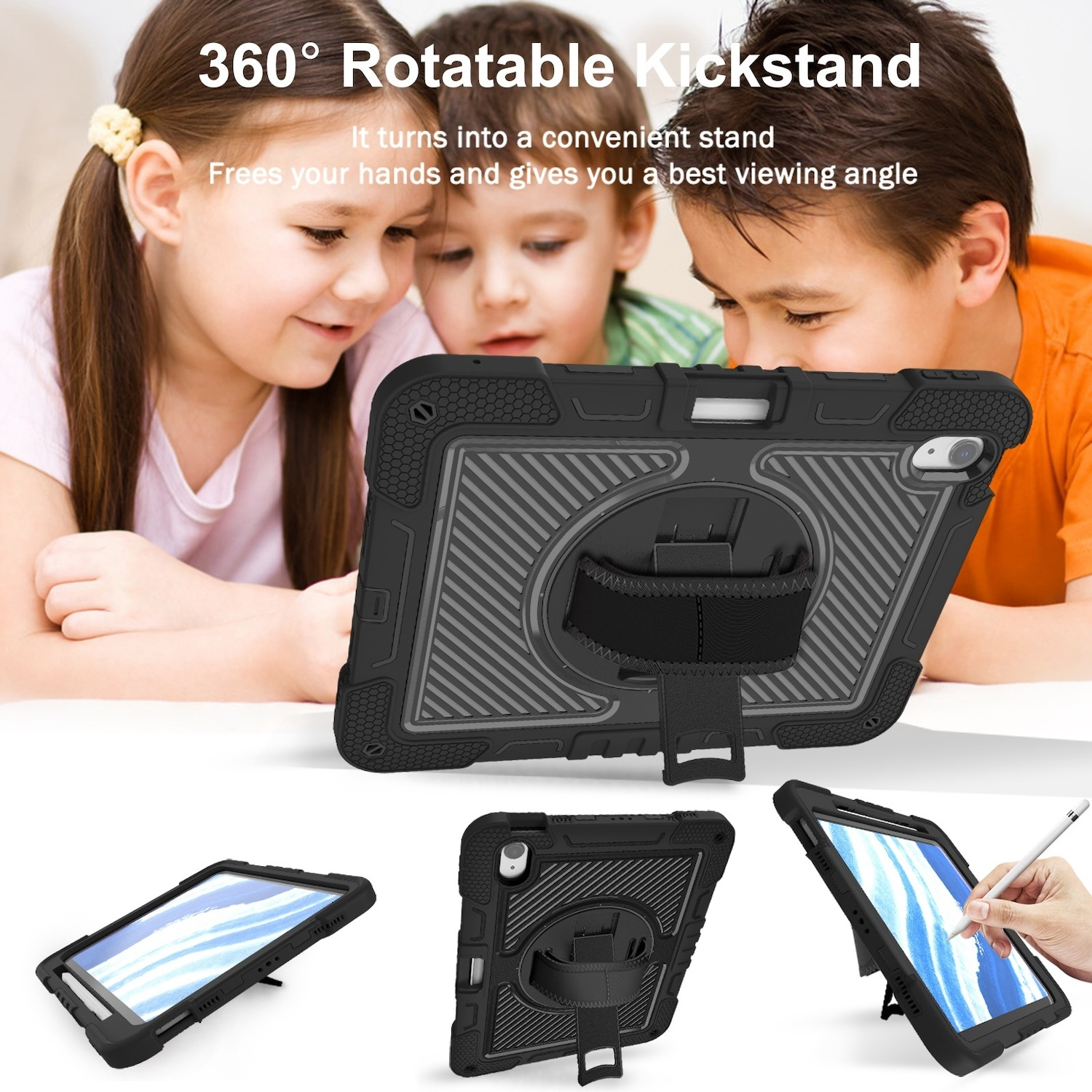 Drei Kinder betrachten ein Tablet in einer schwarzen Hülle mit Handschlaufe.