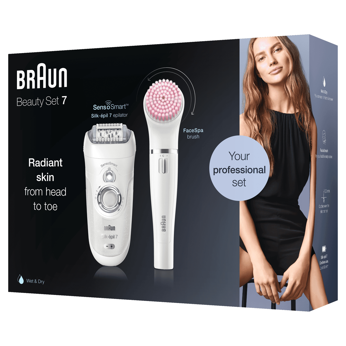Scatola Braun Beauty Set 7 con epilatore, spazzola viso e donna in abito nero.