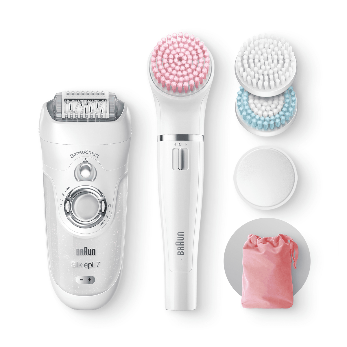 Epilatore Braun Silk-épil 7 bianco, 3 testine, base di ricarica e pochette rosa su sfondo bianco.