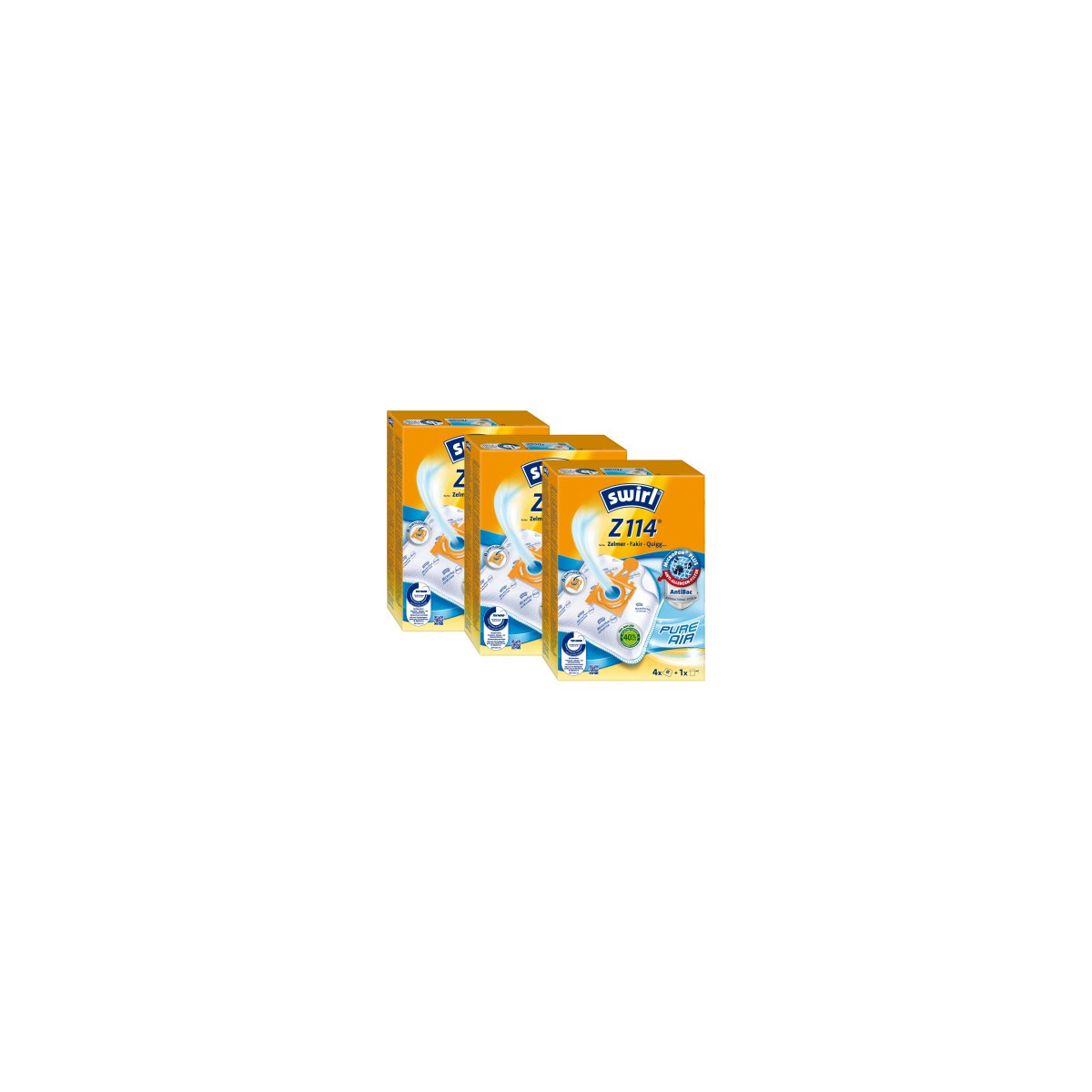 Drei gelbe, orangefarbene und weiße Kartons. Sie sind mit dem Text "Swirl Z114 Pure Air" beschriftet.