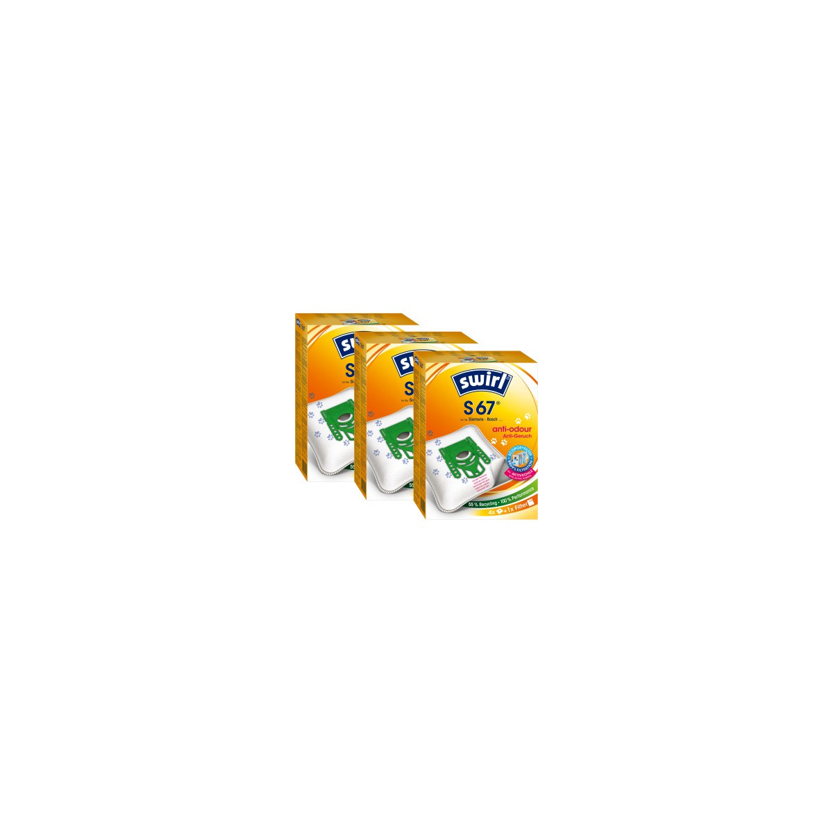 Drei Packungen Swirl S67 Anti-Geruchs-Beutel, mit grünen und orangen Etiketten.
