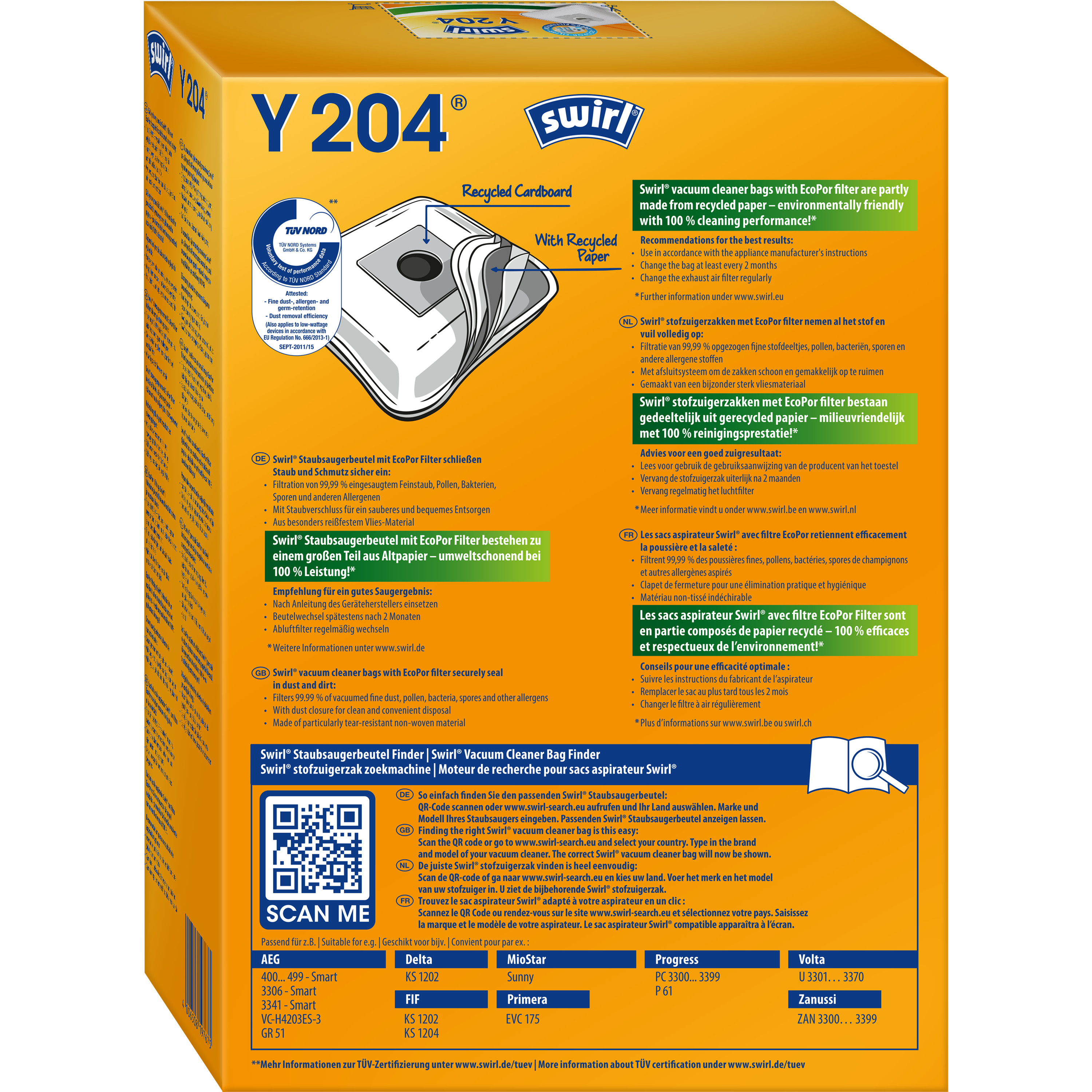Karton von Swirl Y 204 Staubsaugerbeuteln mit Text, Logos und einem QR-Code.