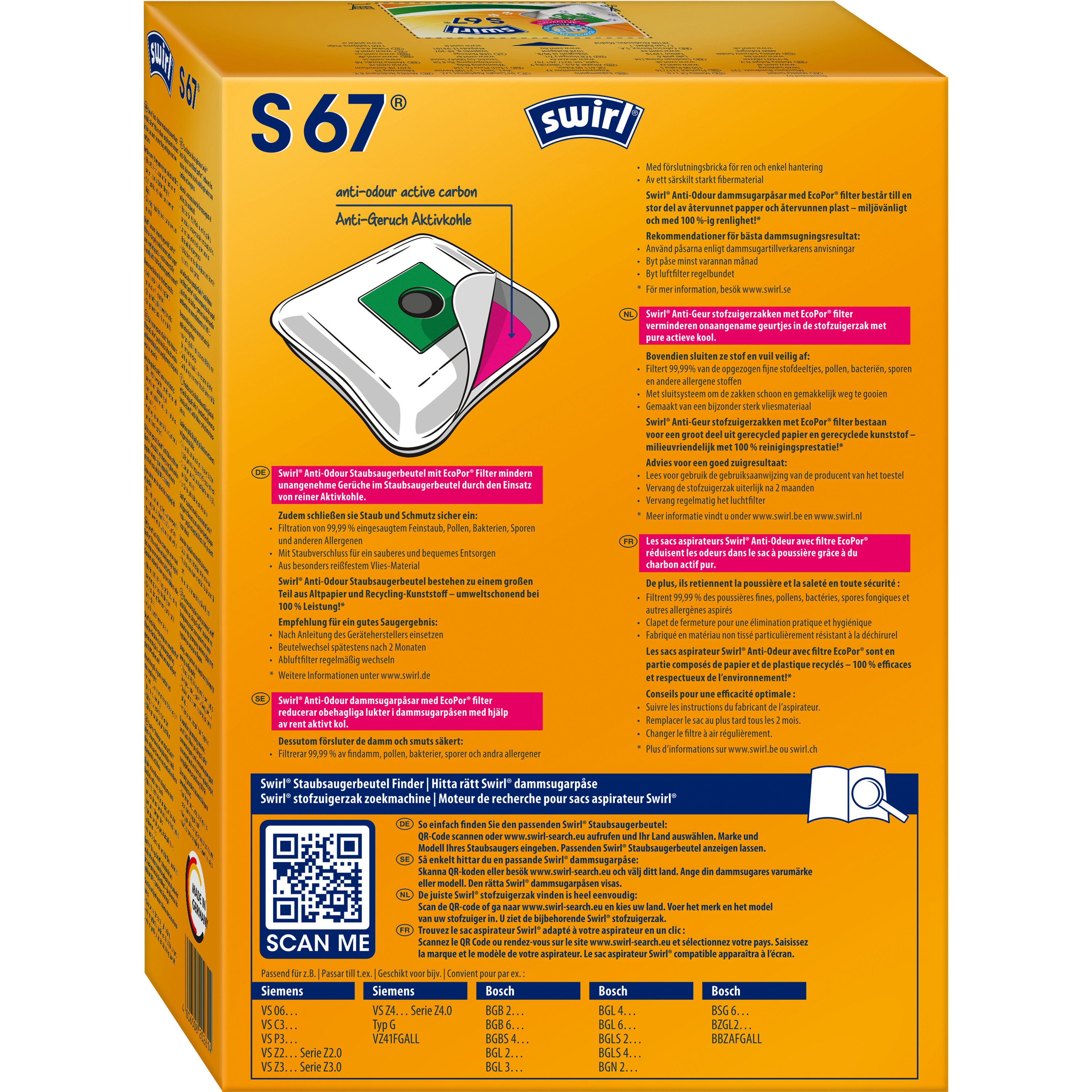 Swirl S67 Staubsaugerbeutel-Box mit Text, Logos und einem QR-Code.