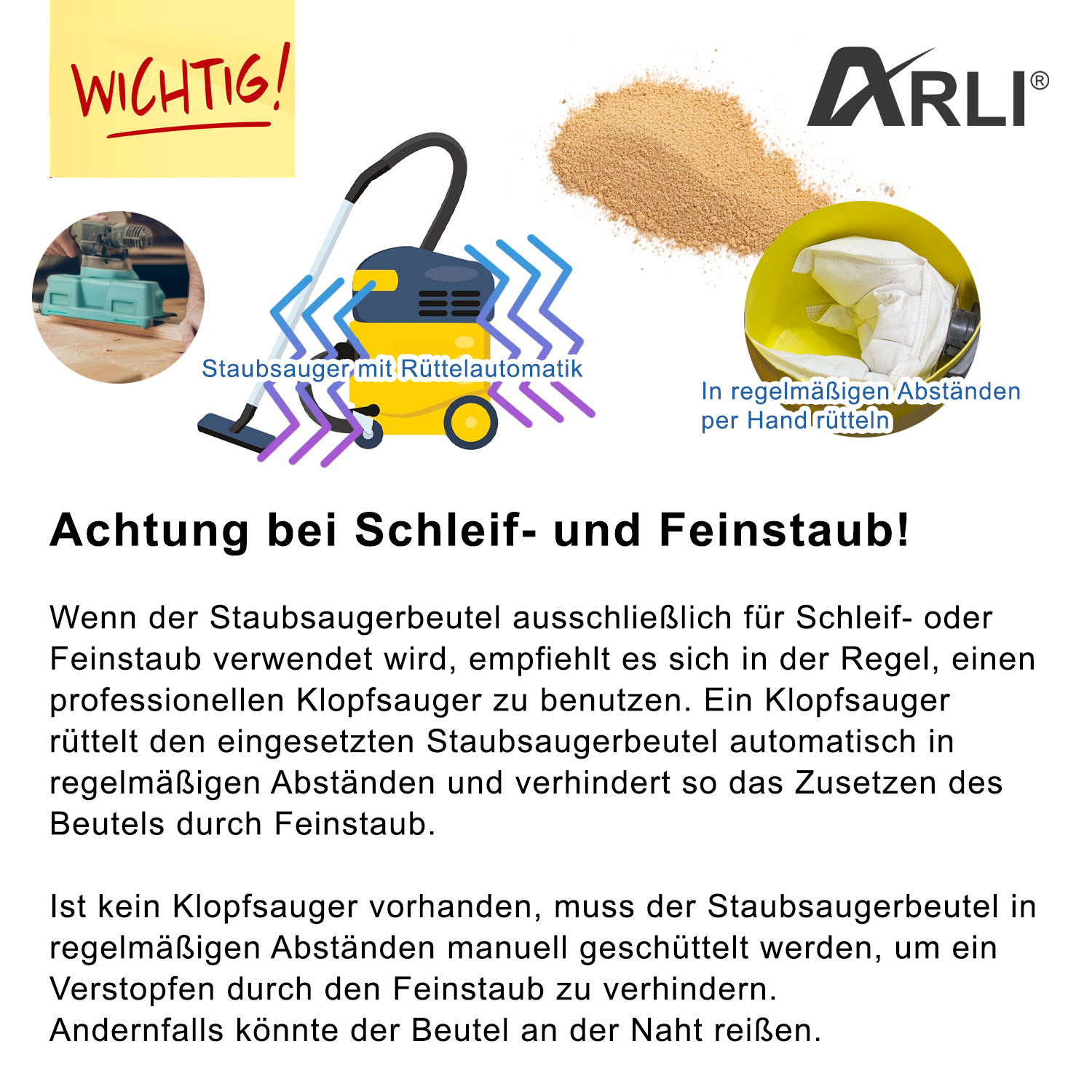 Text über Staub. Staubsauger und Zubehör. Holztisch. Warnschild. Weißer Hintergrund.