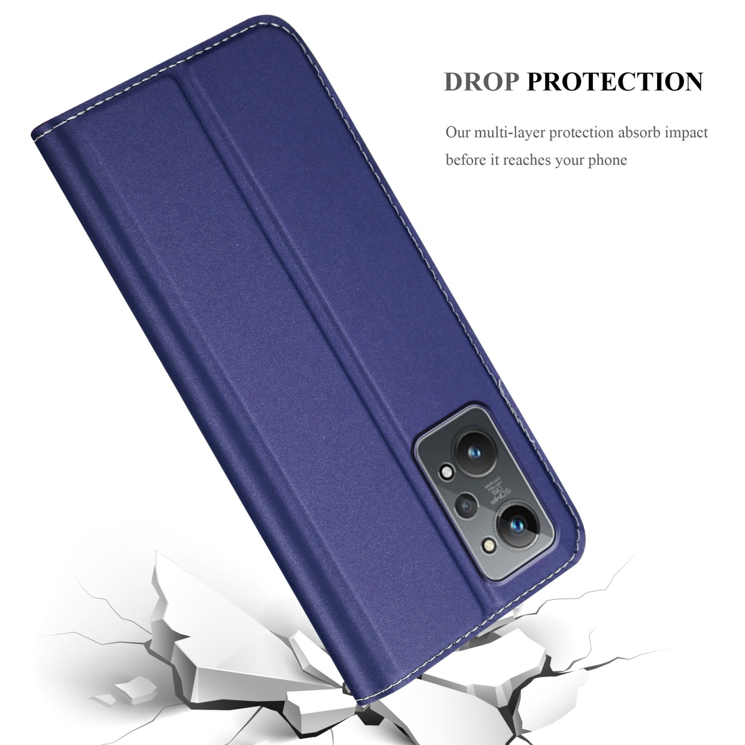 Custodia blu per telefono con telefono all'interno. Cuciture bianche e testo di protezione.