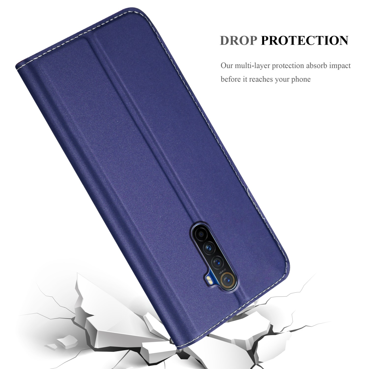 Custodia blu per telefono, aperta, con un telefono all'interno. Testo: 'DROP PROTECTION'.