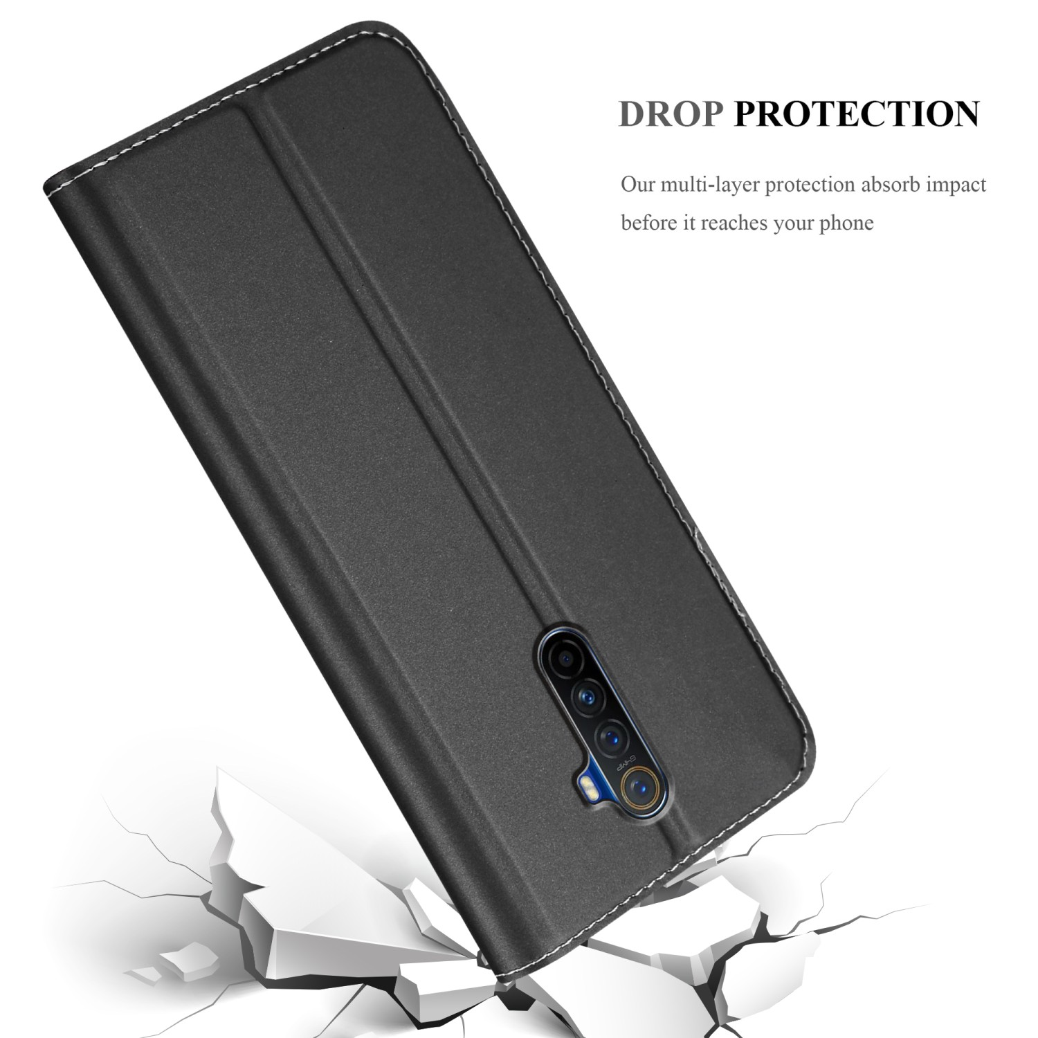 Schwarze Handyhülle mit einem Telefon im Inneren, das auf einer Oberfläche liegt. Die Hülle hat eine weiße Naht.