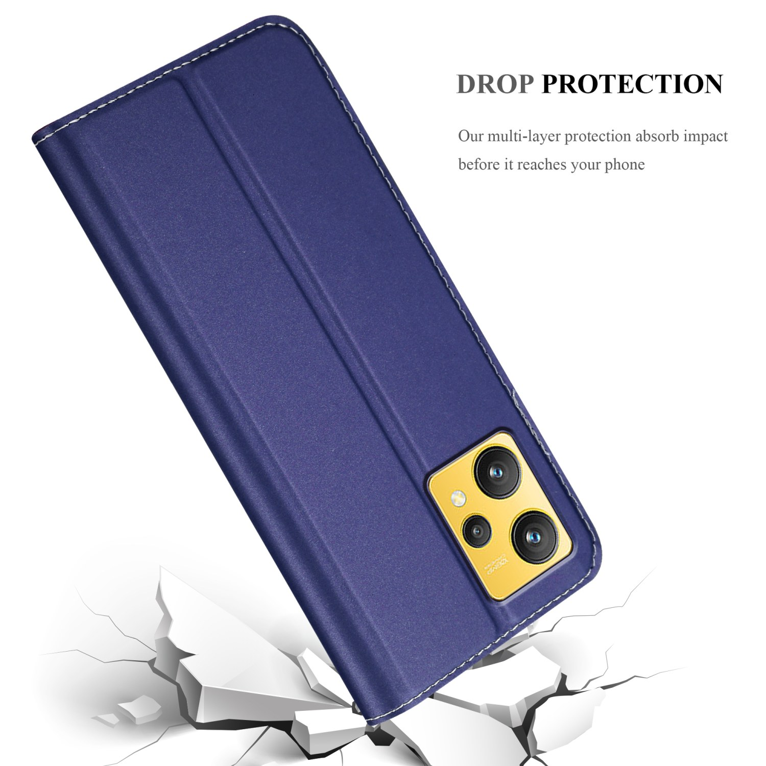 Blaue Handyhülle mit Telefon und Aufschrift 'Drop Protection'. Die Hülle hat eine blaue Außenseite und ein Telefon mit goldenen Kameras.