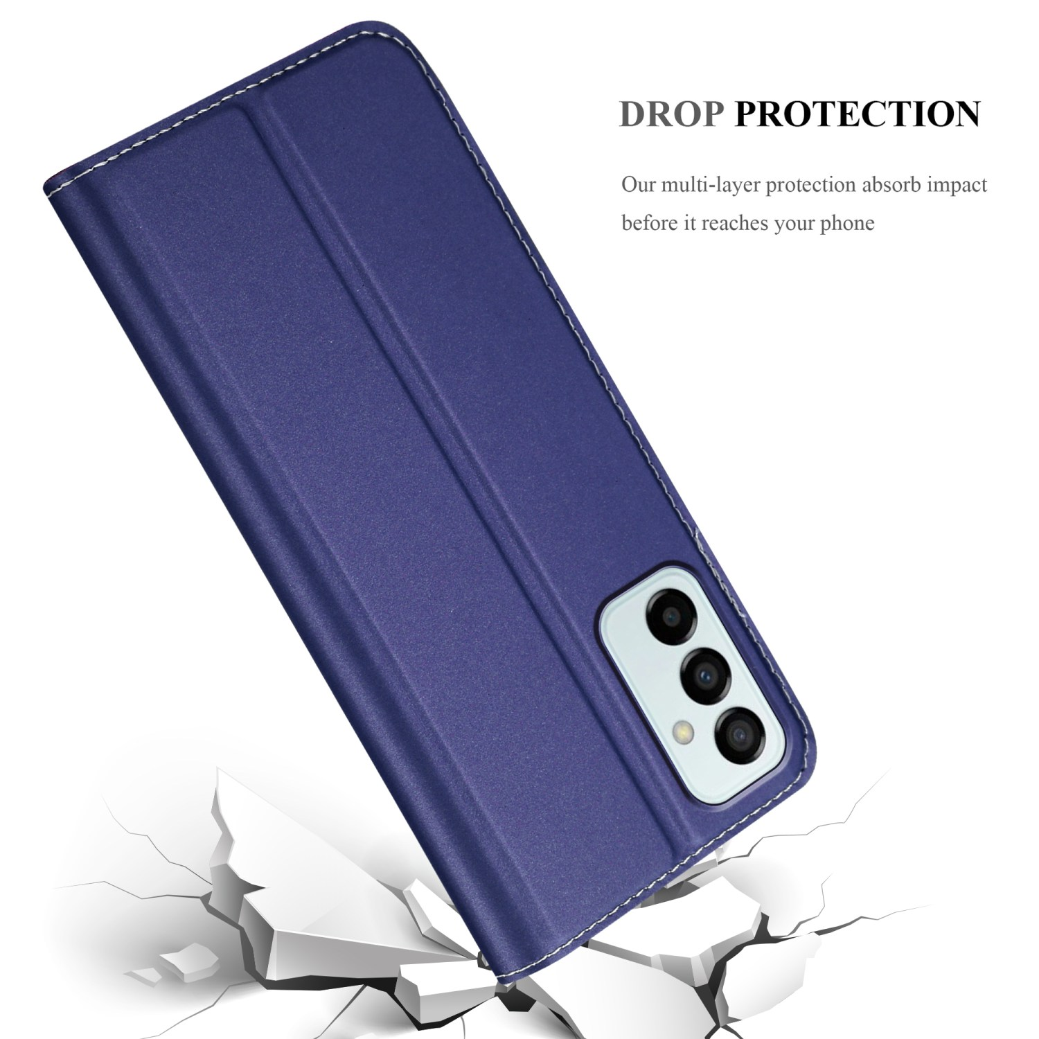 Una custodia blu per telefono con effetto crepato sulla superficie. La custodia contiene un telefono con tre fotocamere.