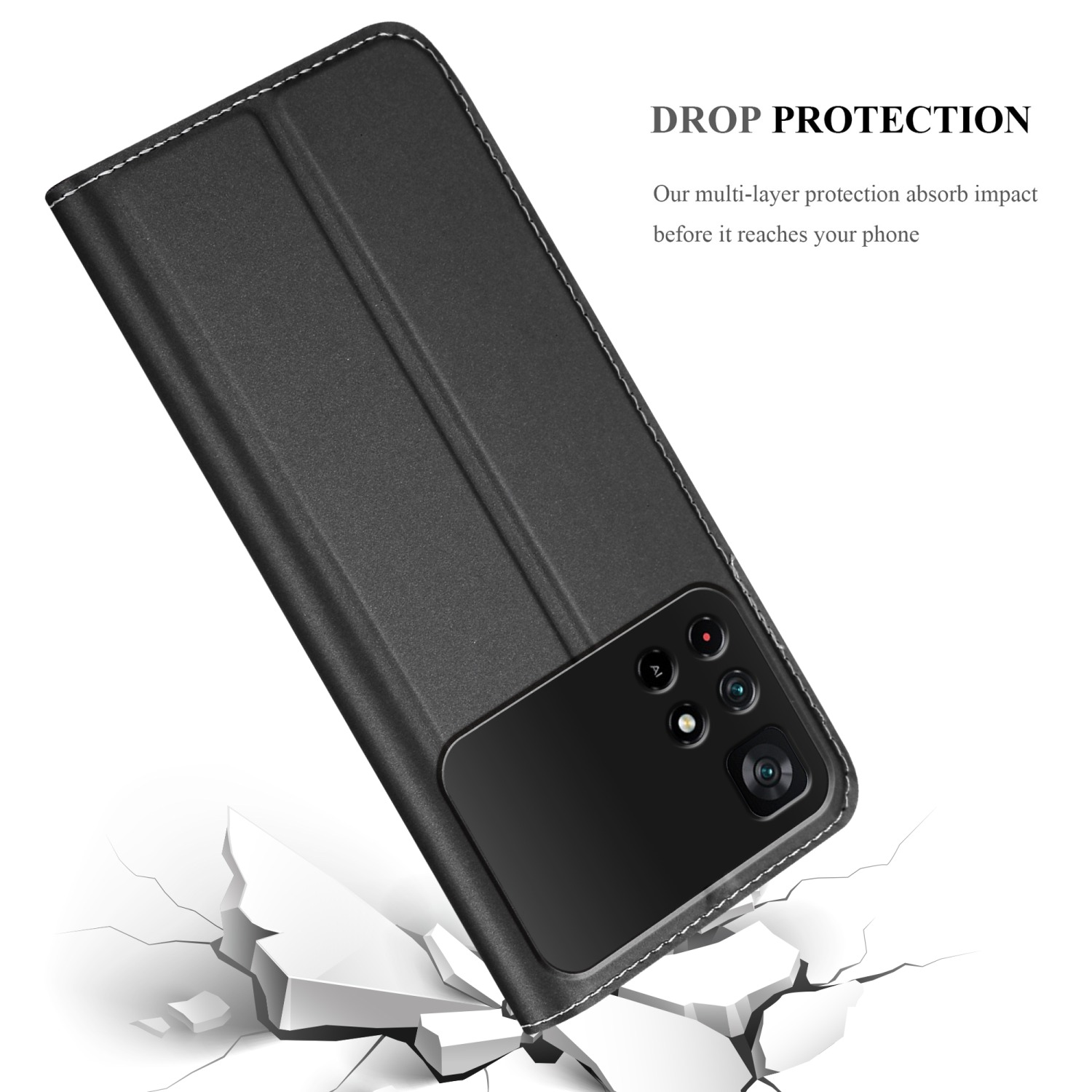Custodia nera con smartphone, pavimento crepato. Testo: Protezione dalle cadute.
