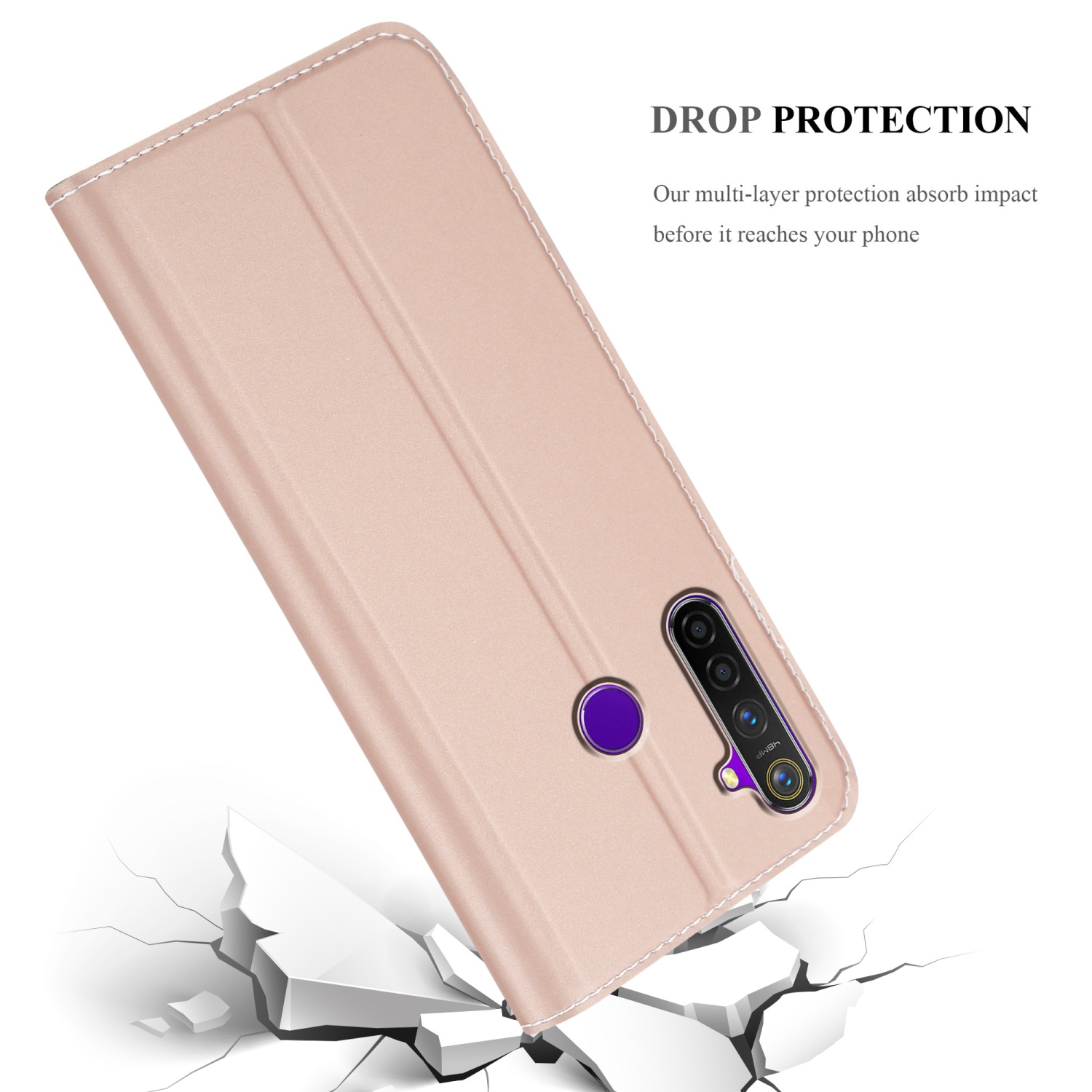 Un telefono in una custodia rosa, angolato su una superficie bianca. Le crepe appaiono vicino alla parte inferiore del telefono.
