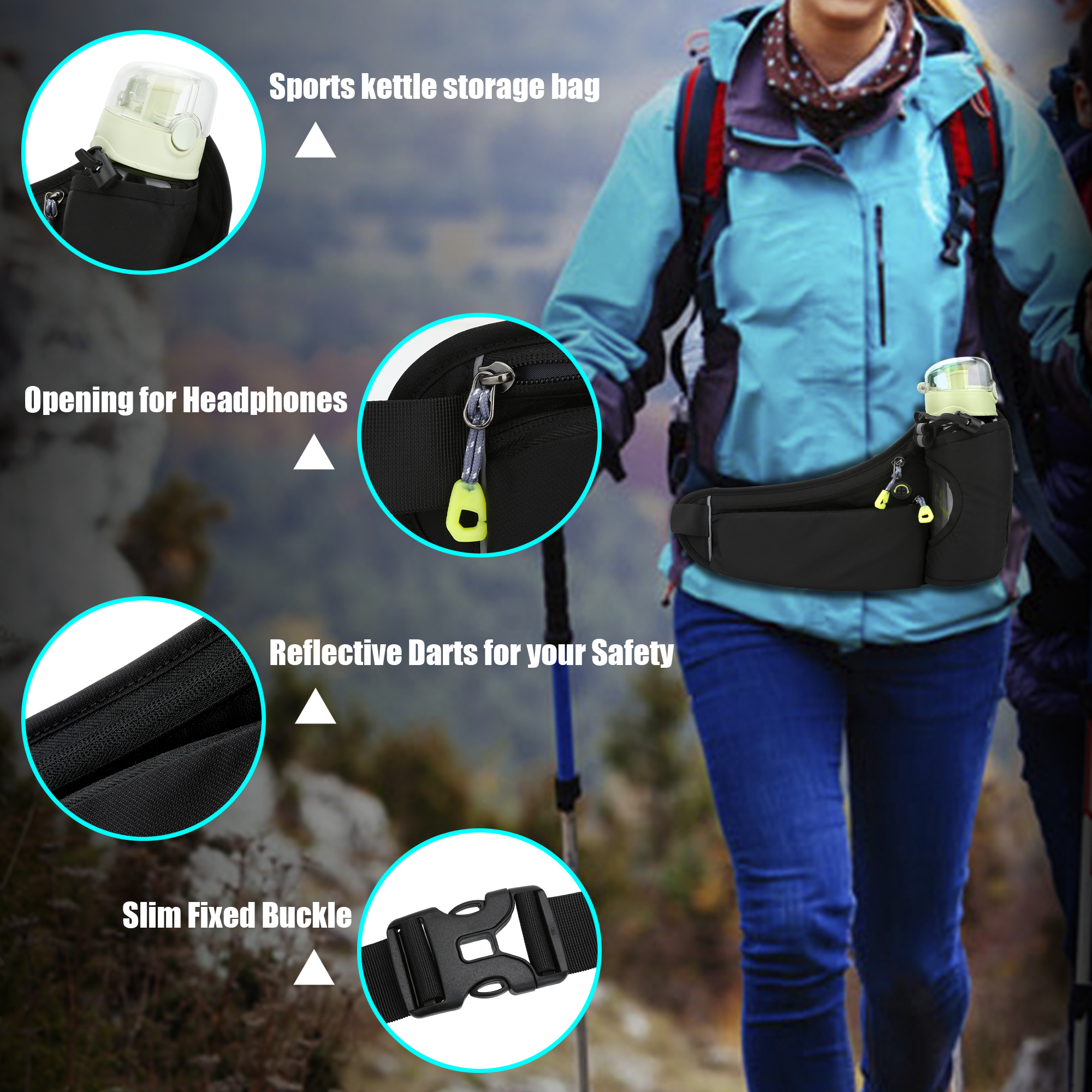 Borsa sportiva nera su una donna. Include una bottiglia e cuffie.
