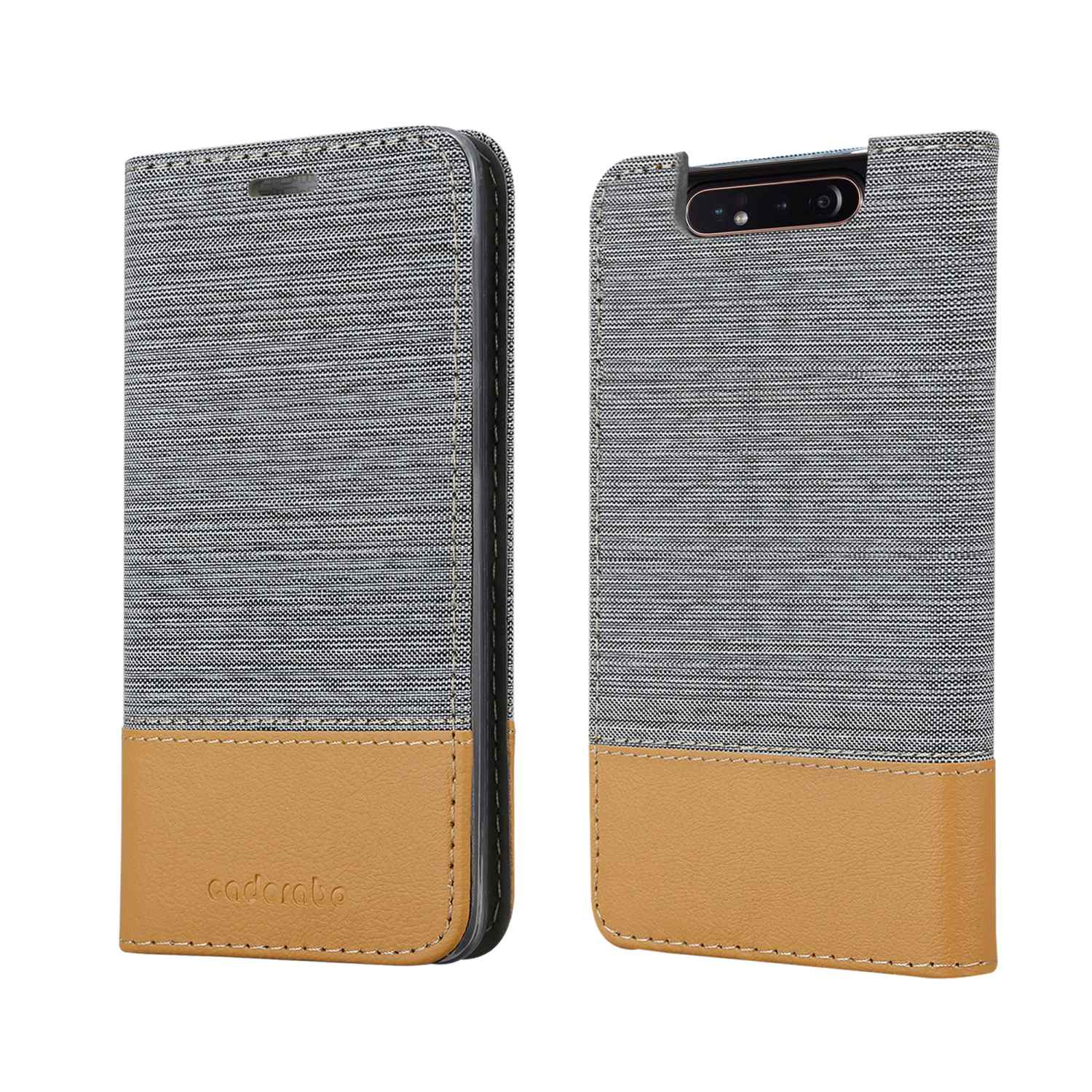 Custodia per telefono chiusa e aperta con tessuto grigio e marrone.