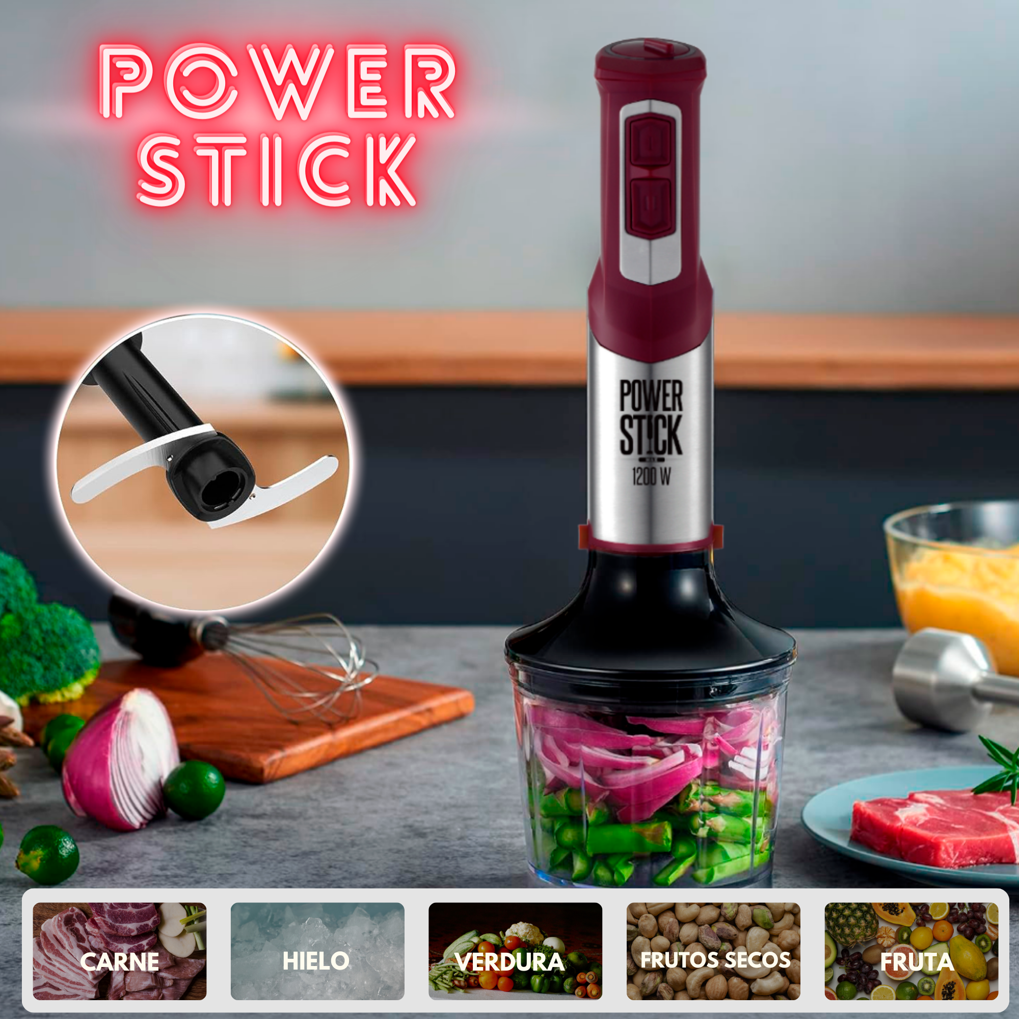 Batidora Power Stick con ingredientes: carne, hielo, verduras, frutos secos y fruta.