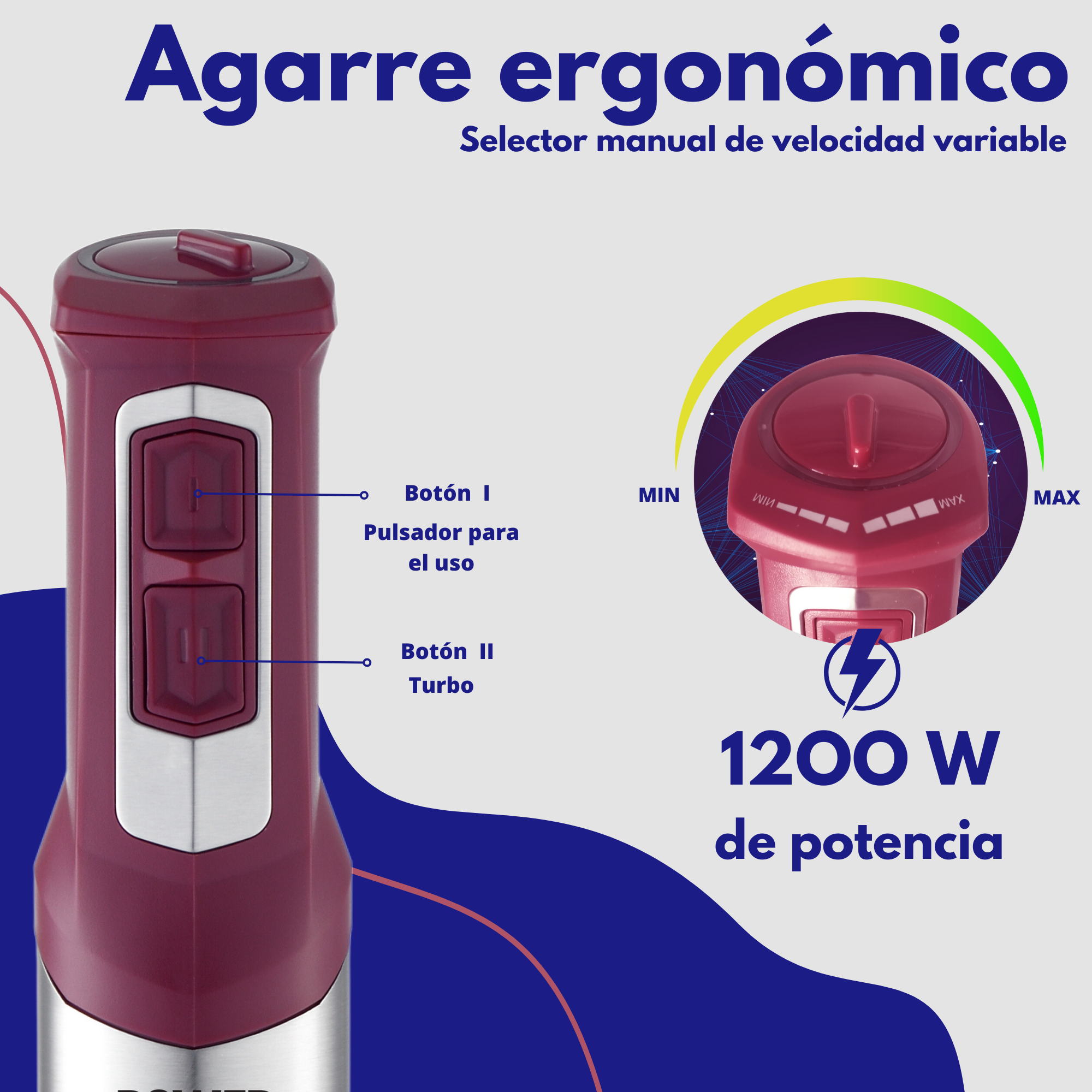 Una batidora de mano granate con botones etiquetados y un dial de potencia que muestra ajustes de velocidad.