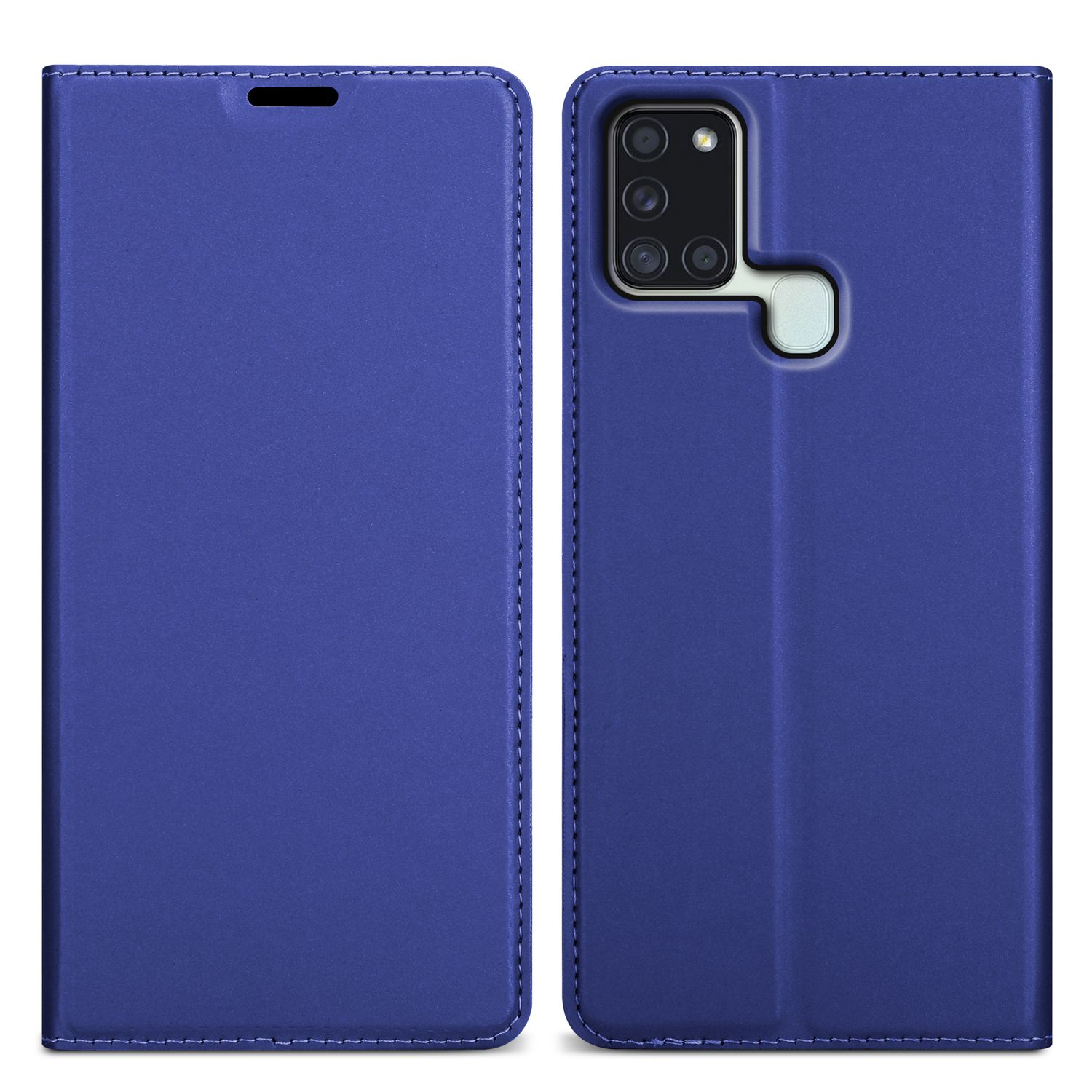 Due custodie per telefono, che mostrano la parte anteriore e posteriore, sono blu. Le custodie sono su sfondo bianco.