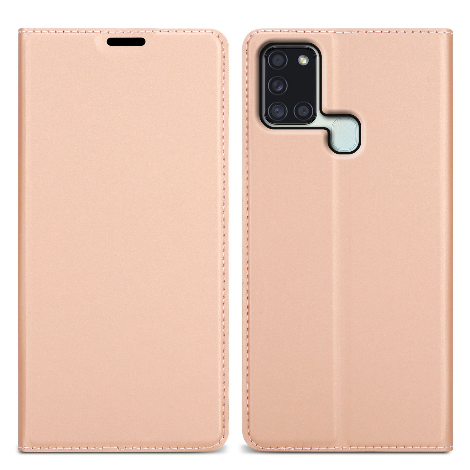 Una custodia rosa per telefono, aperta, che mostra il telefono all'interno. Chiusura magnetica.