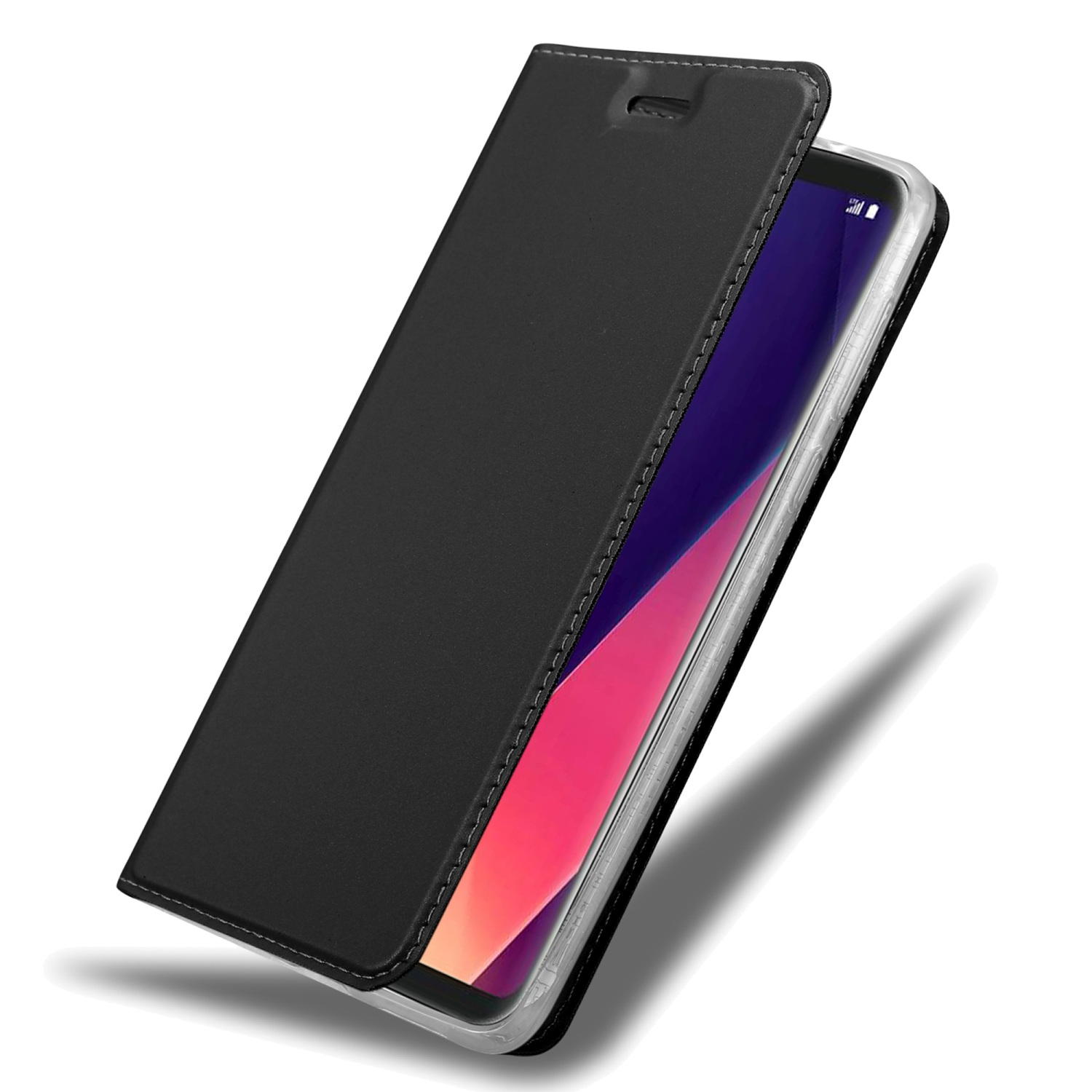Custodia nera per telefono, aperta, che rivela un telefono. Lo schermo mostra un colore chiaro. Un'ombra cade a destra.