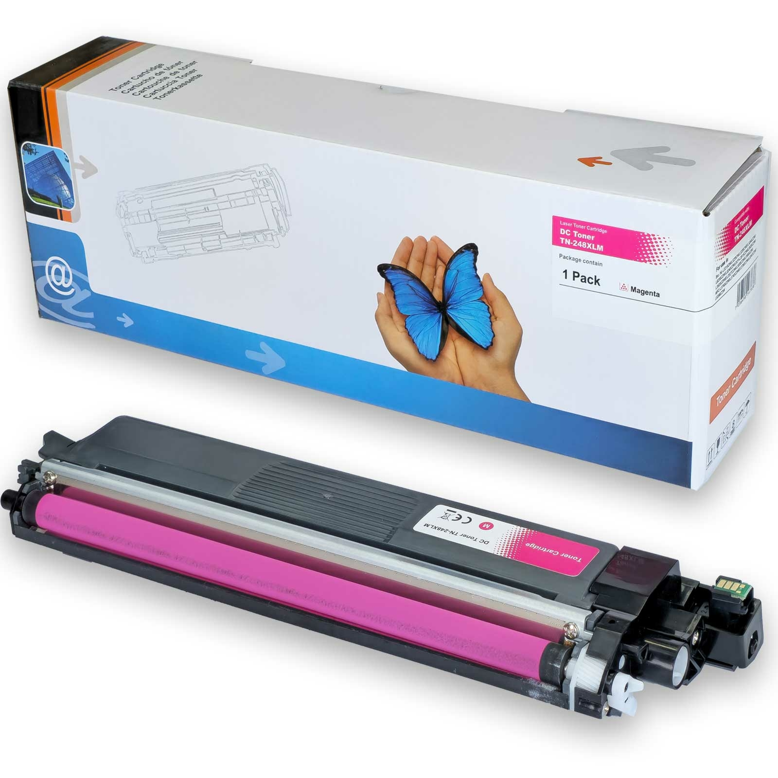 Tonerkartusche für einen Drucker. Box mit Schmetterlingsgrafik und die Patrone ist pink.