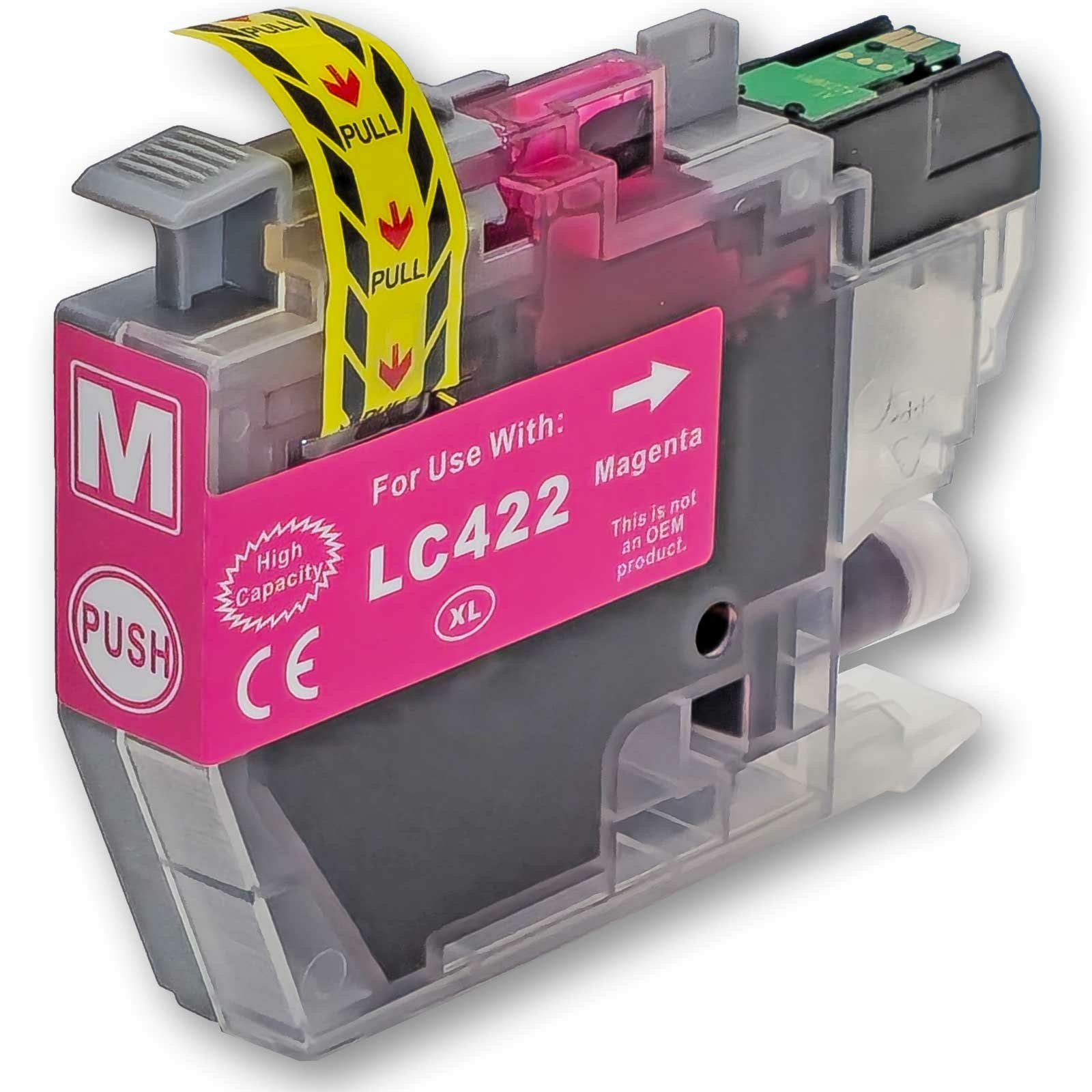 Magentatintenpatrone, Etikett: LC422, hohe Kapazität. Gelber Aufziehstreifen. Weißer Pfeil.